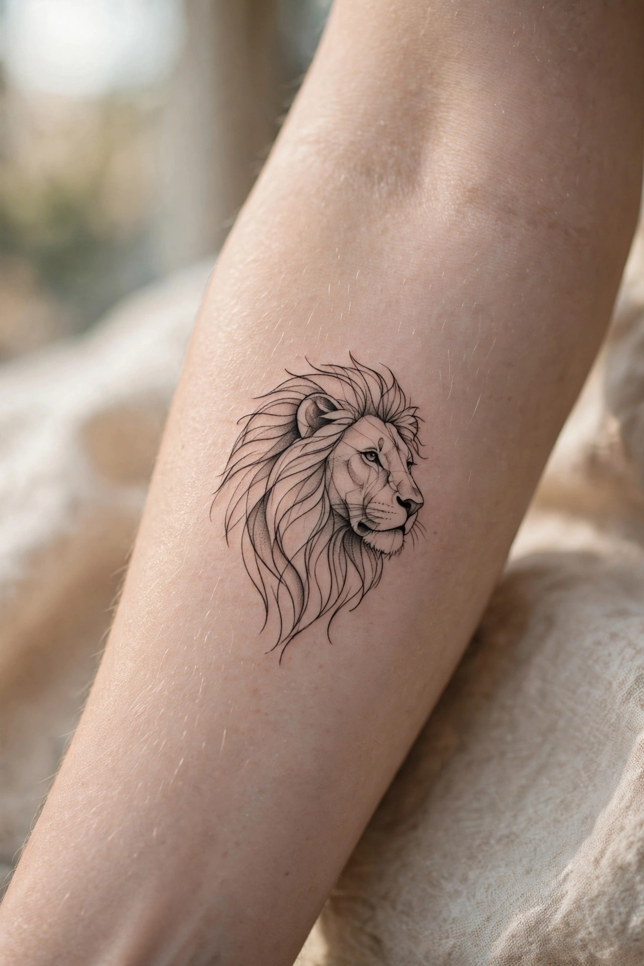 Single line minimalist lion tattoo on a man's wrist