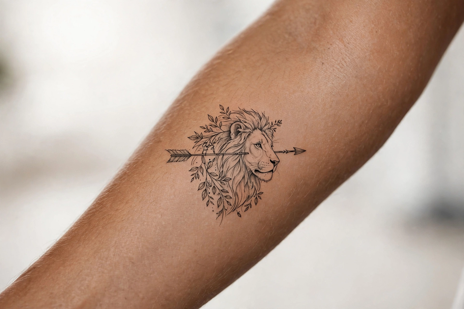 Lion pierced by an arrow tattoo symbolizing resilience on a man's shoulder