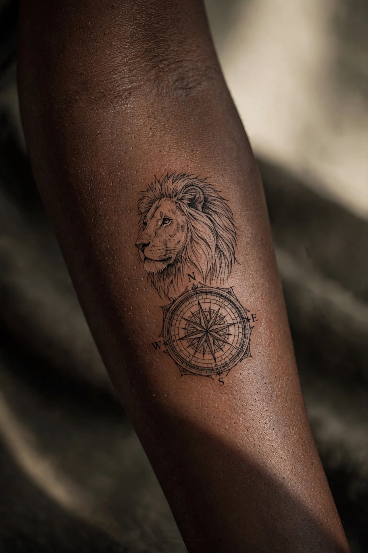 Lion merged with compass rose tattoo on a man's forearm