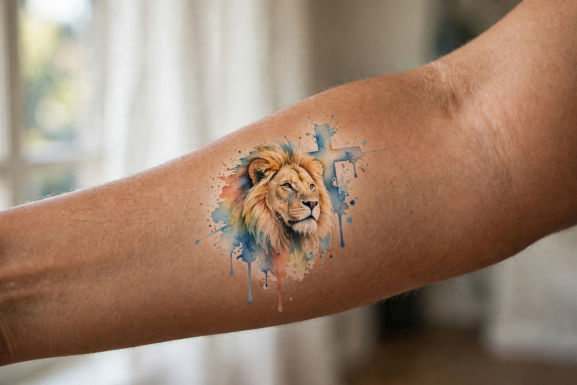 Lion with cross tattoo representing faith and strength on a man's chest