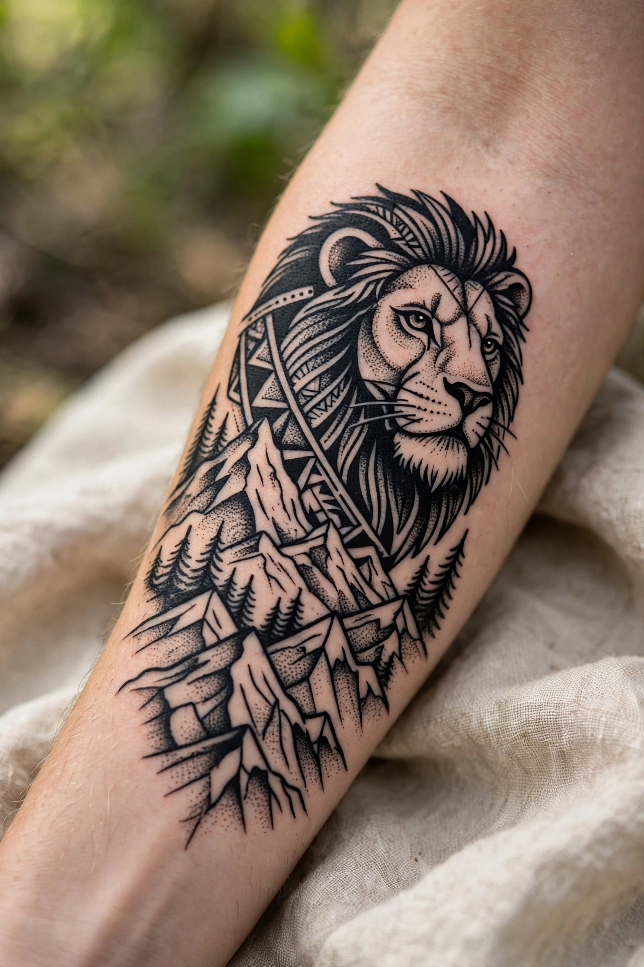 Lion overlooking mountain peaks tattoo on a man's thigh