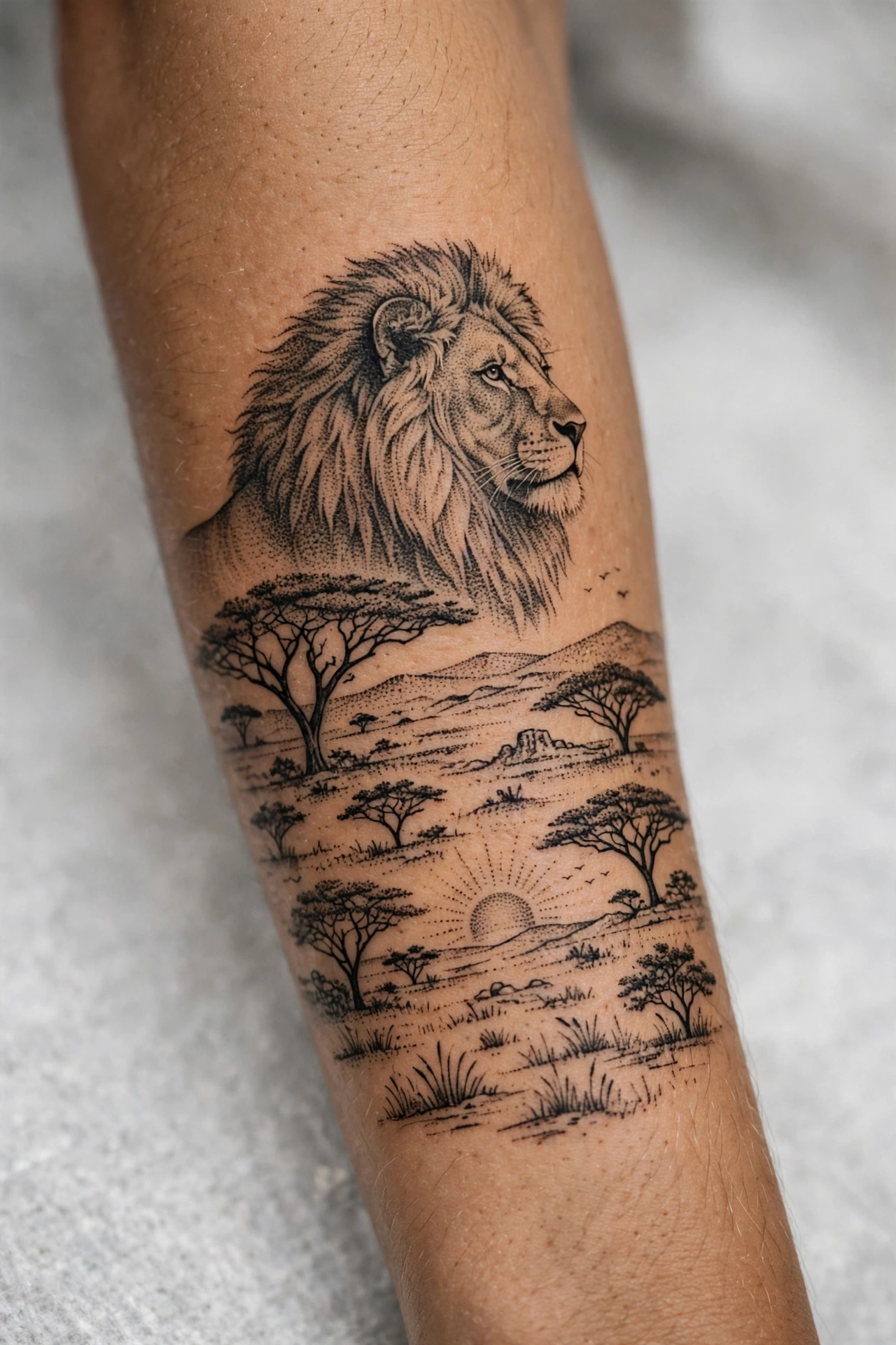 Lion in African savanna scene tattoo on a man's half sleeve