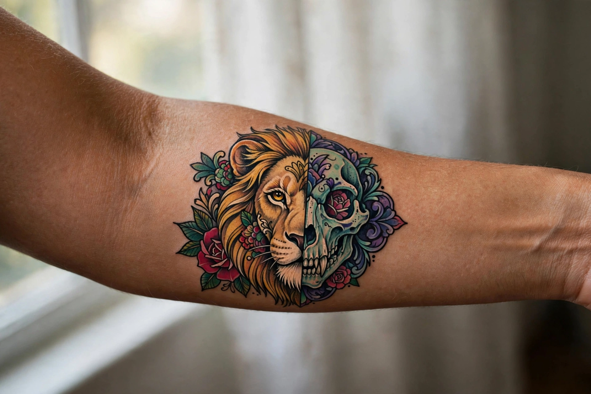 Lion face split between realism and geometric halves tattoo on a man's forearm