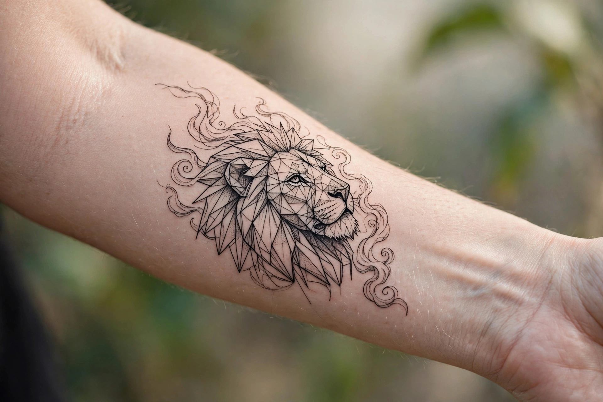 Lion emerging from smoke tattoo on a man's bicep