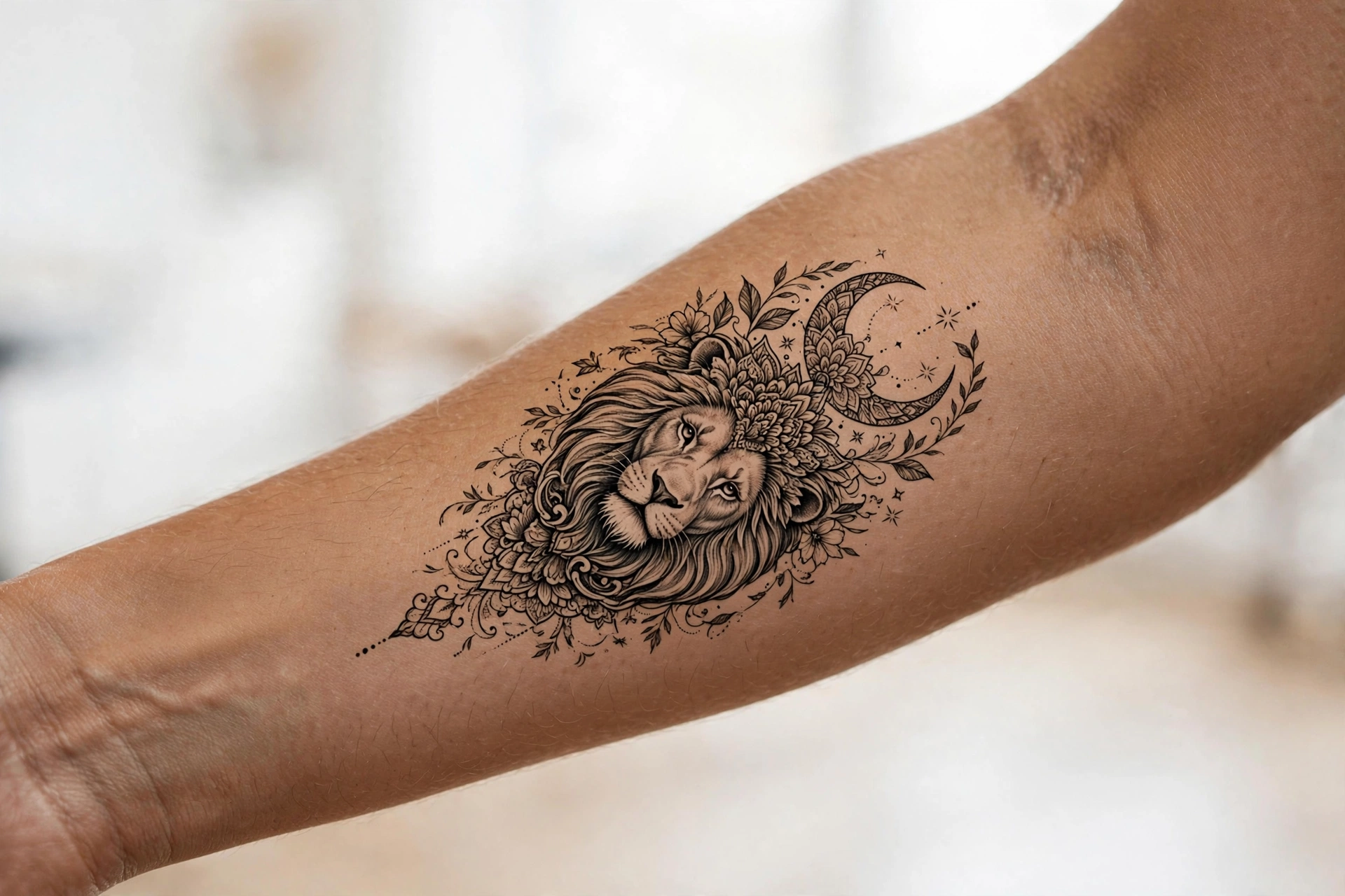 Lion under a full moon tattoo on a man's back
