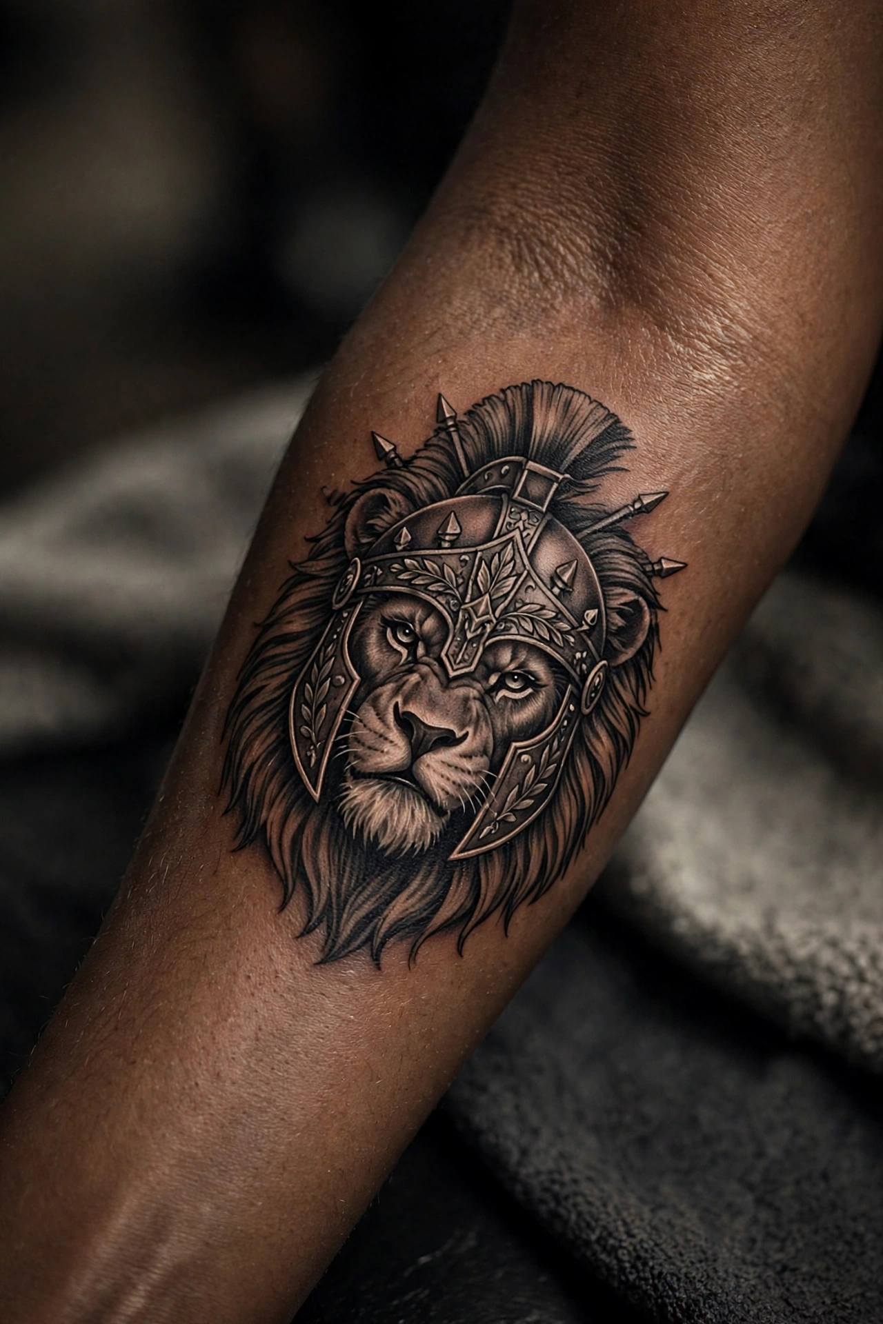 Lion wearing a warrior helmet tattoo on a man's chest