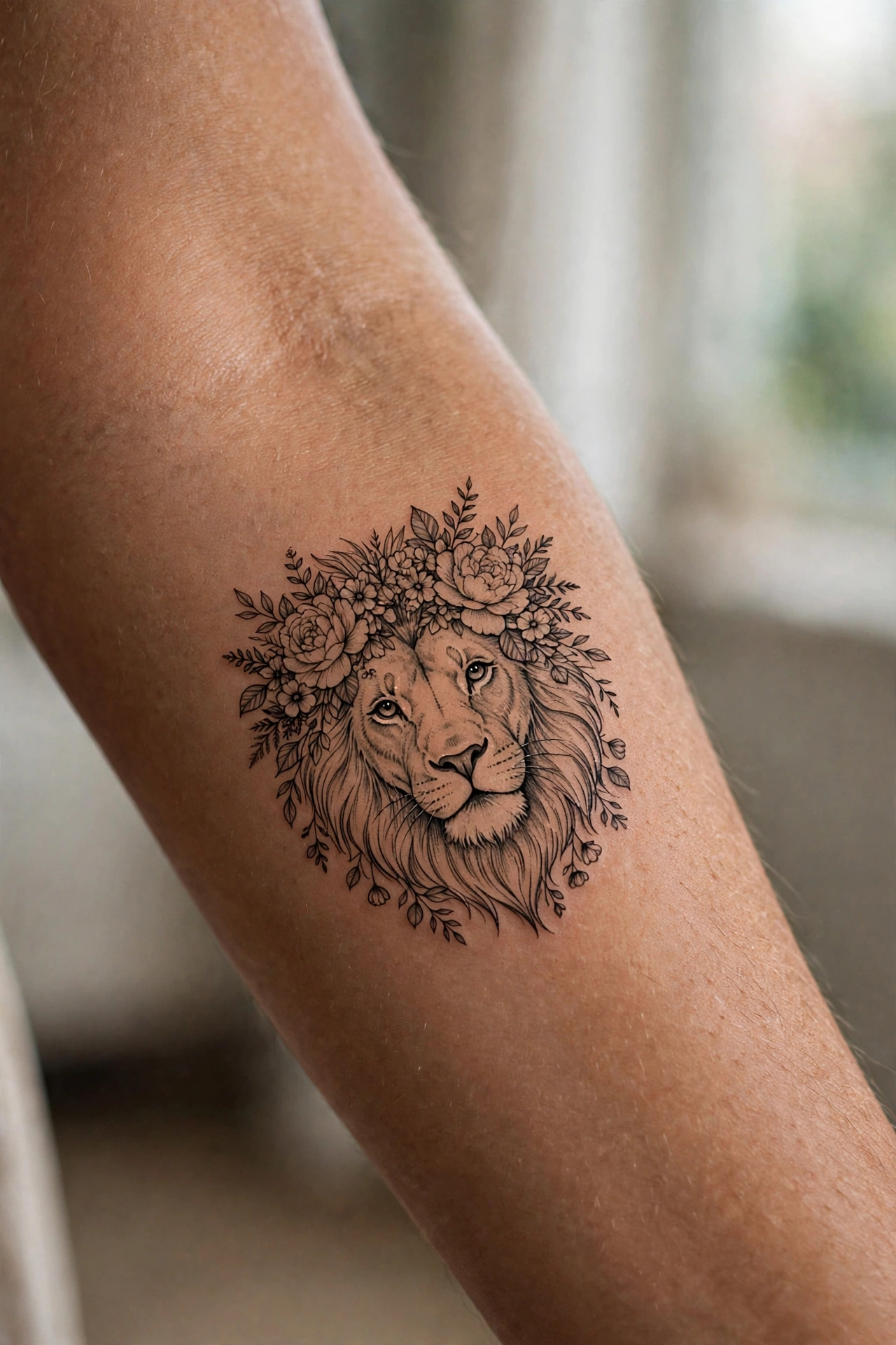 Lion wearing a floral crown tattoo on a man's upper arm