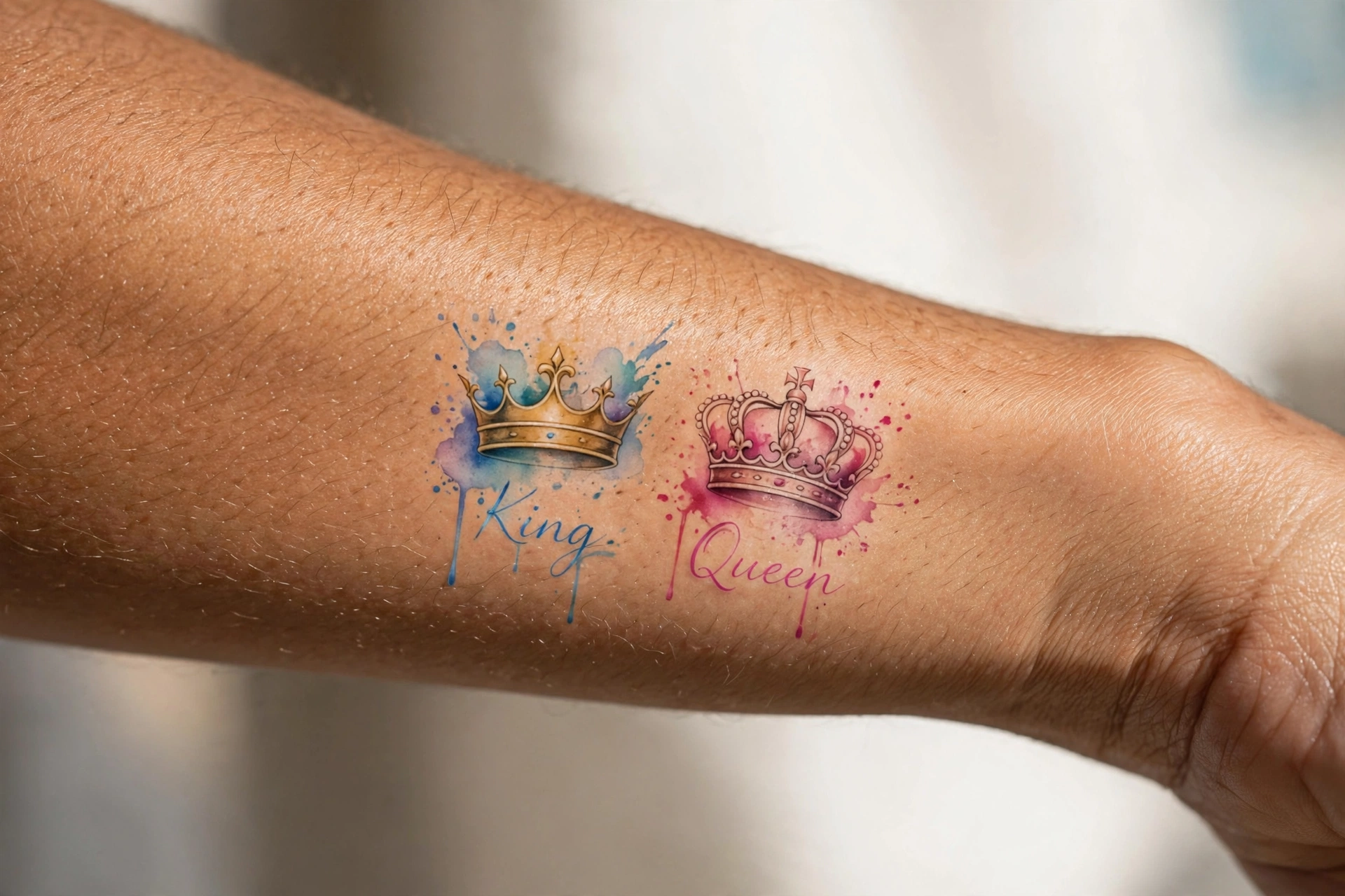 King and queen crown matching couple tattoos on forearms