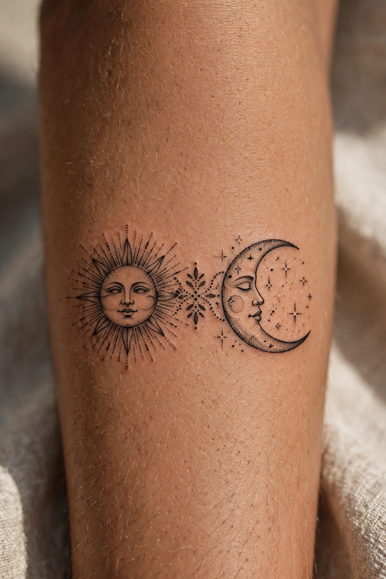 Sun and moon matching couple tattoos on shoulders