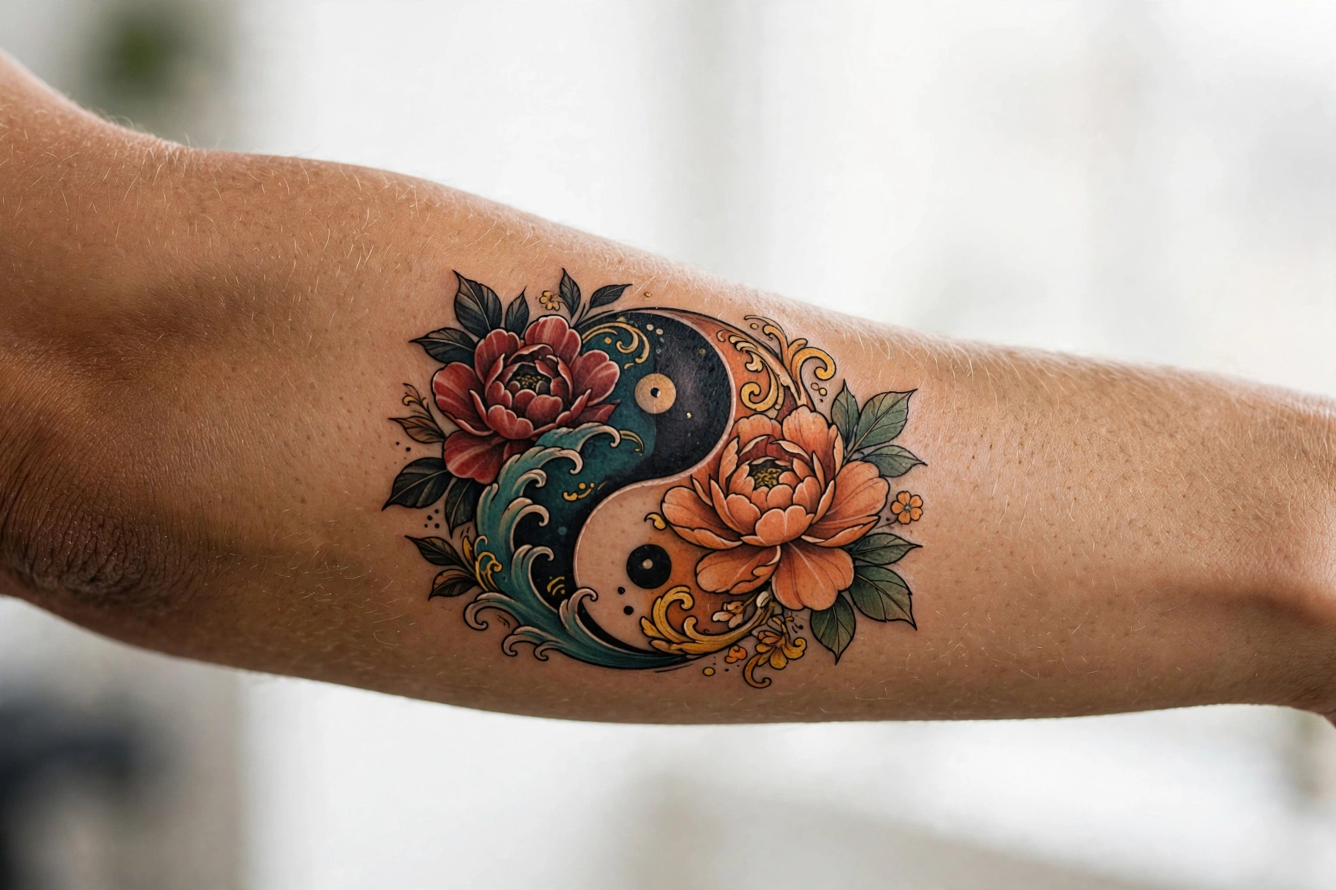 Yin yang halves matching tattoo for couples on arms