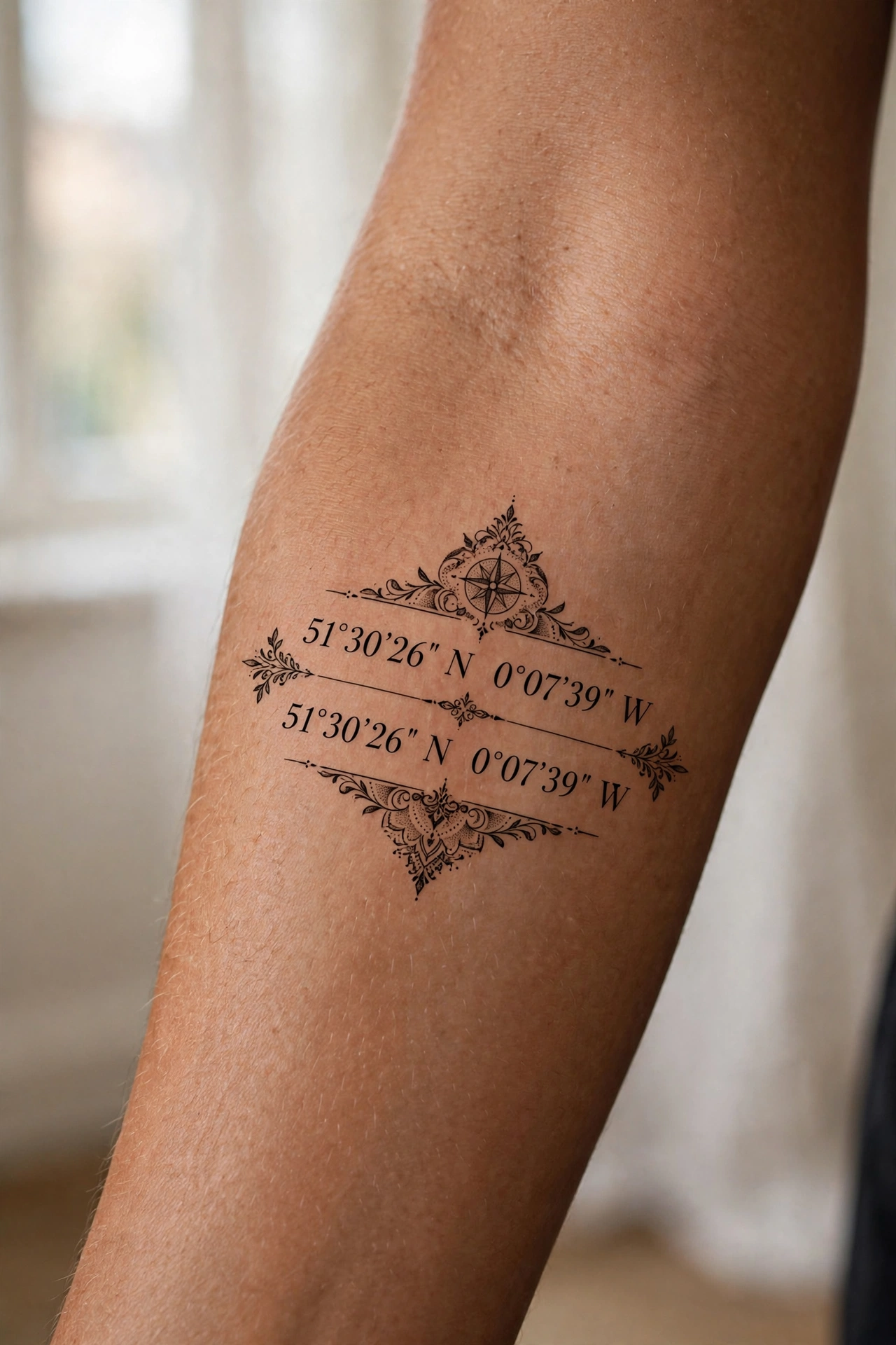 Matching location coordinates couple tattoo on forearms