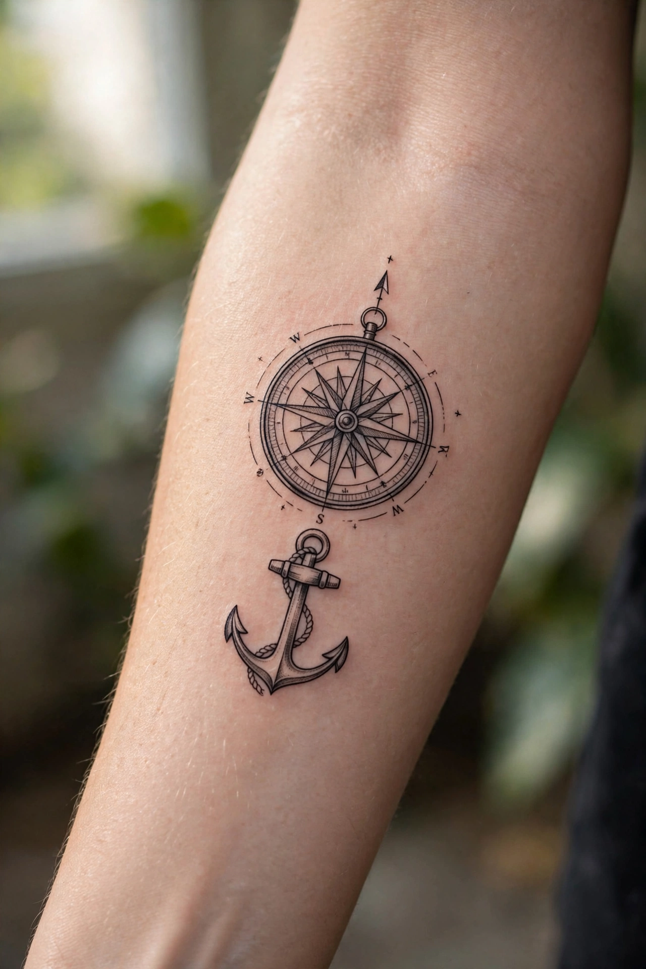 Compass and anchor matching couple tattoos
