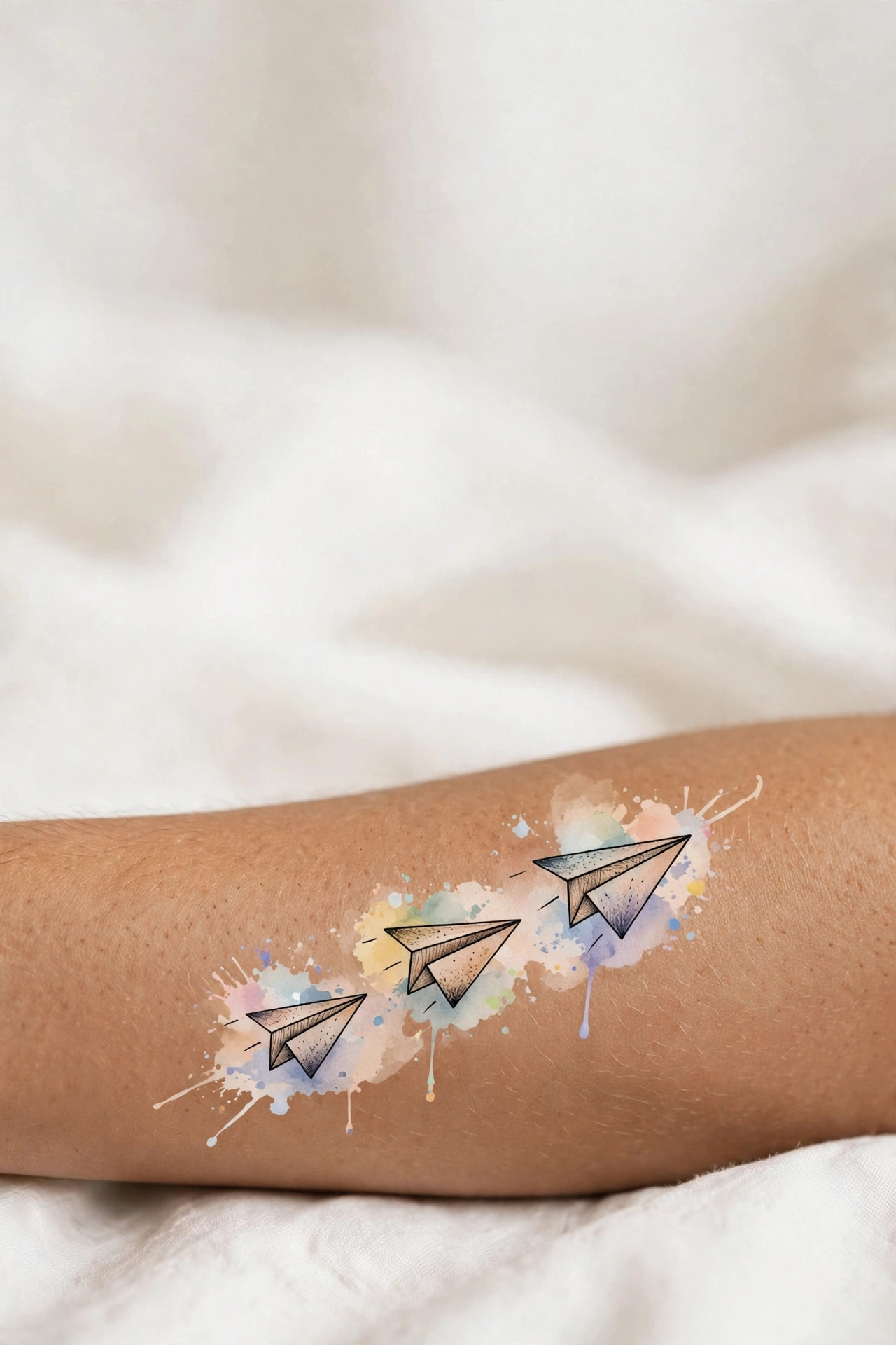 Paper planes in formation couple tattoo on wrists