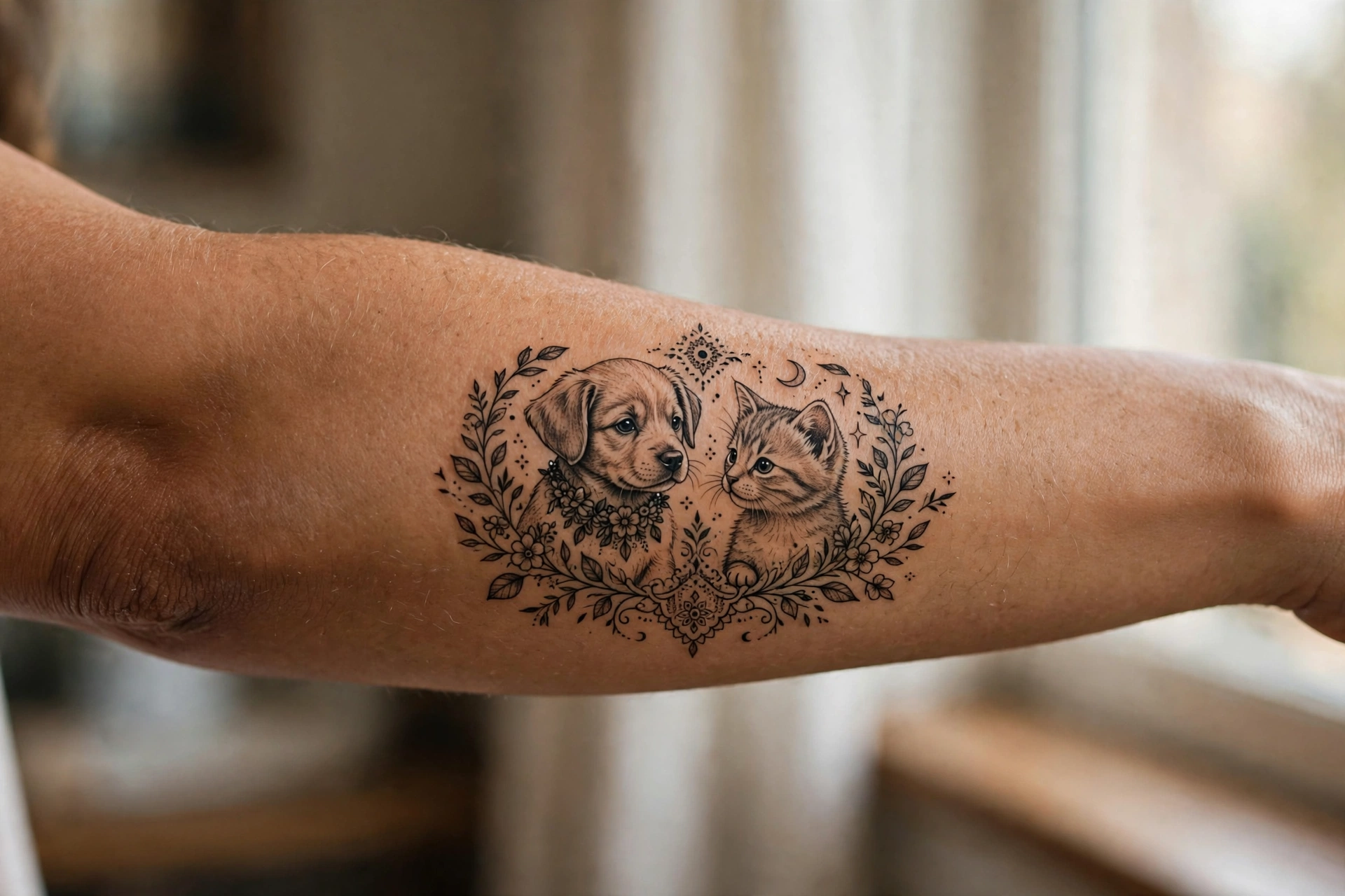 Puppy and kitty matching couple tattoo for animal lovers