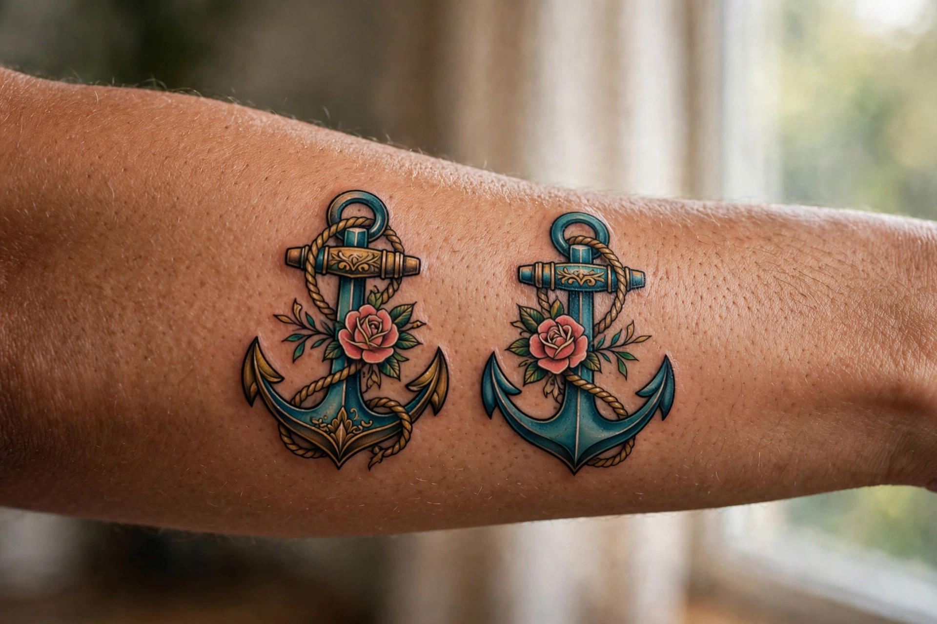Matching anchor tattoos for couples on ankles
