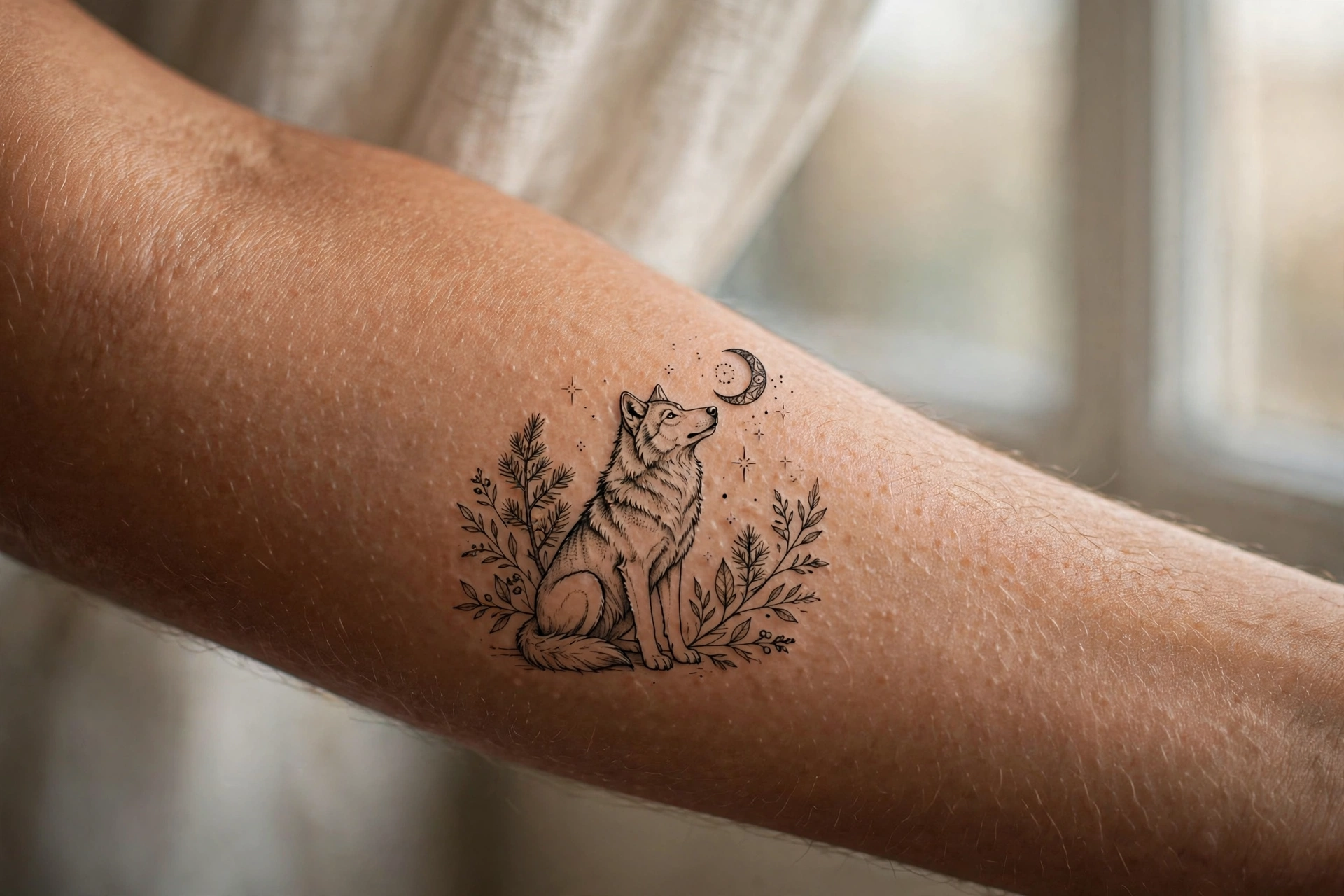 Wolf and moon matching couple tattoo on arms