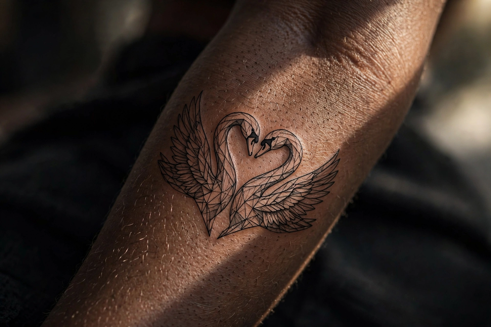 Two swans forming a heart couple tattoo