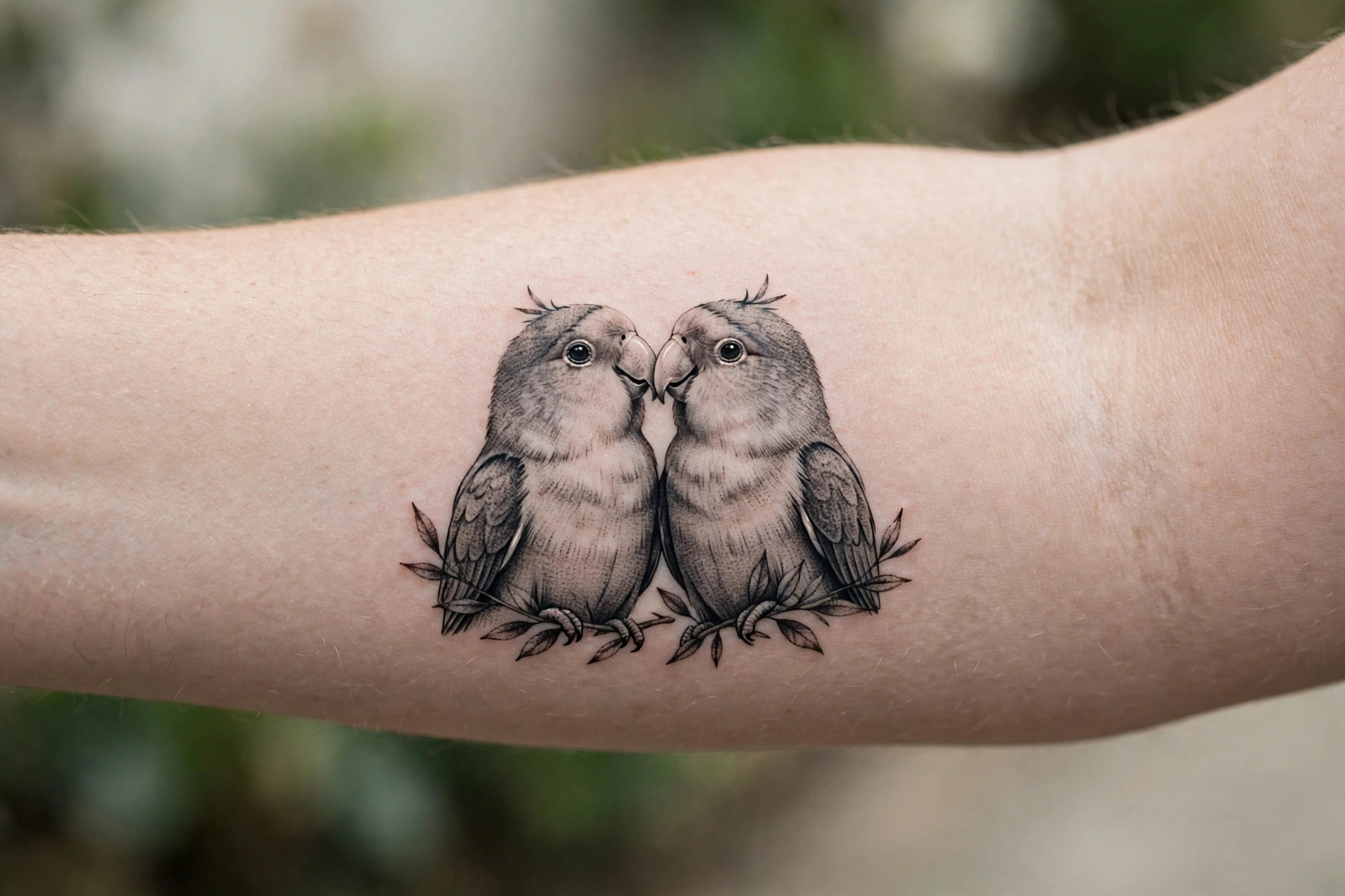 Kissing lovebirds matching couple tattoo