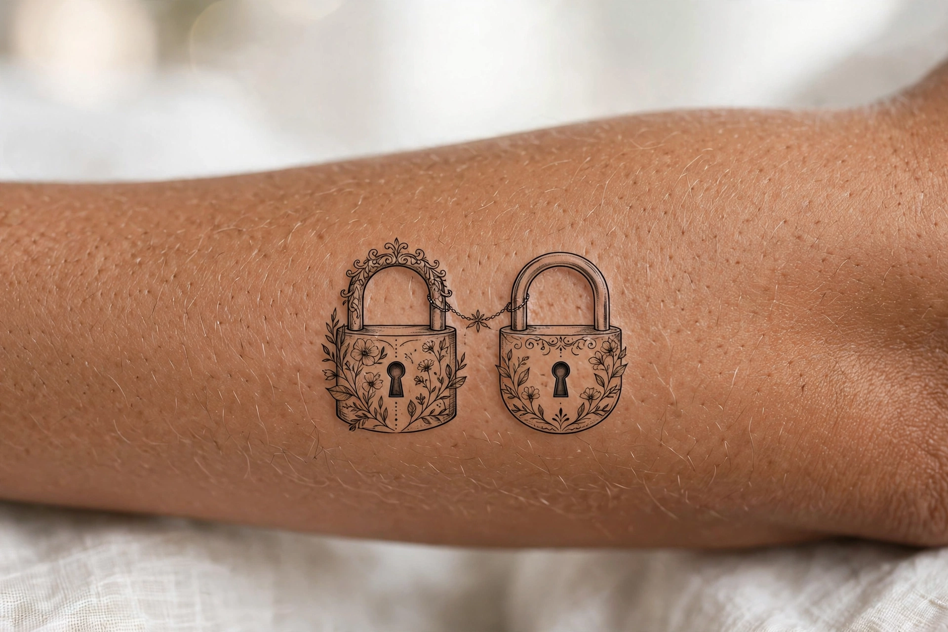 Matching padlock tattoos for couples on wrists