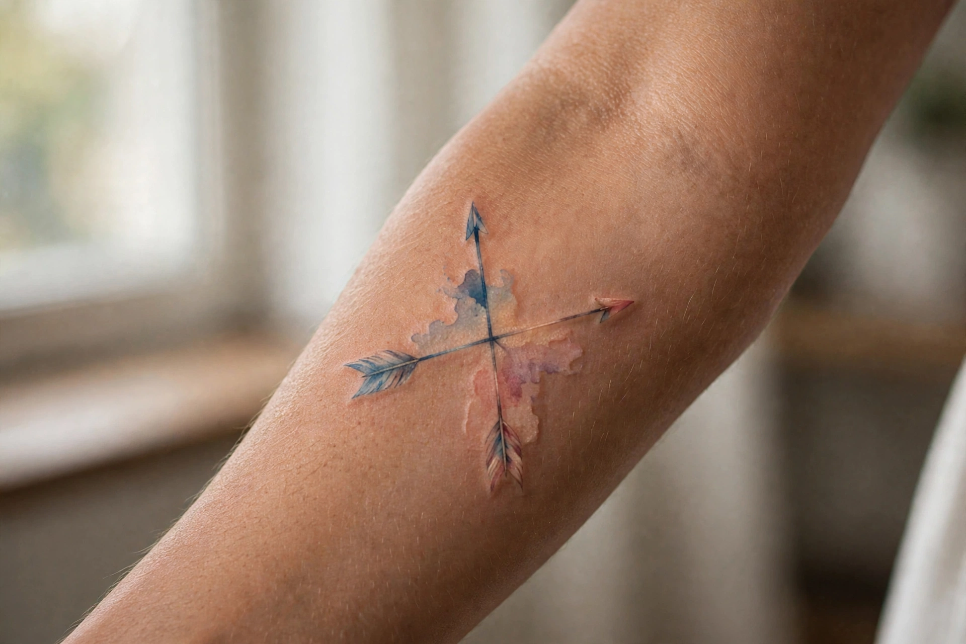 Matching crossed arrows couple tattoo on forearms
