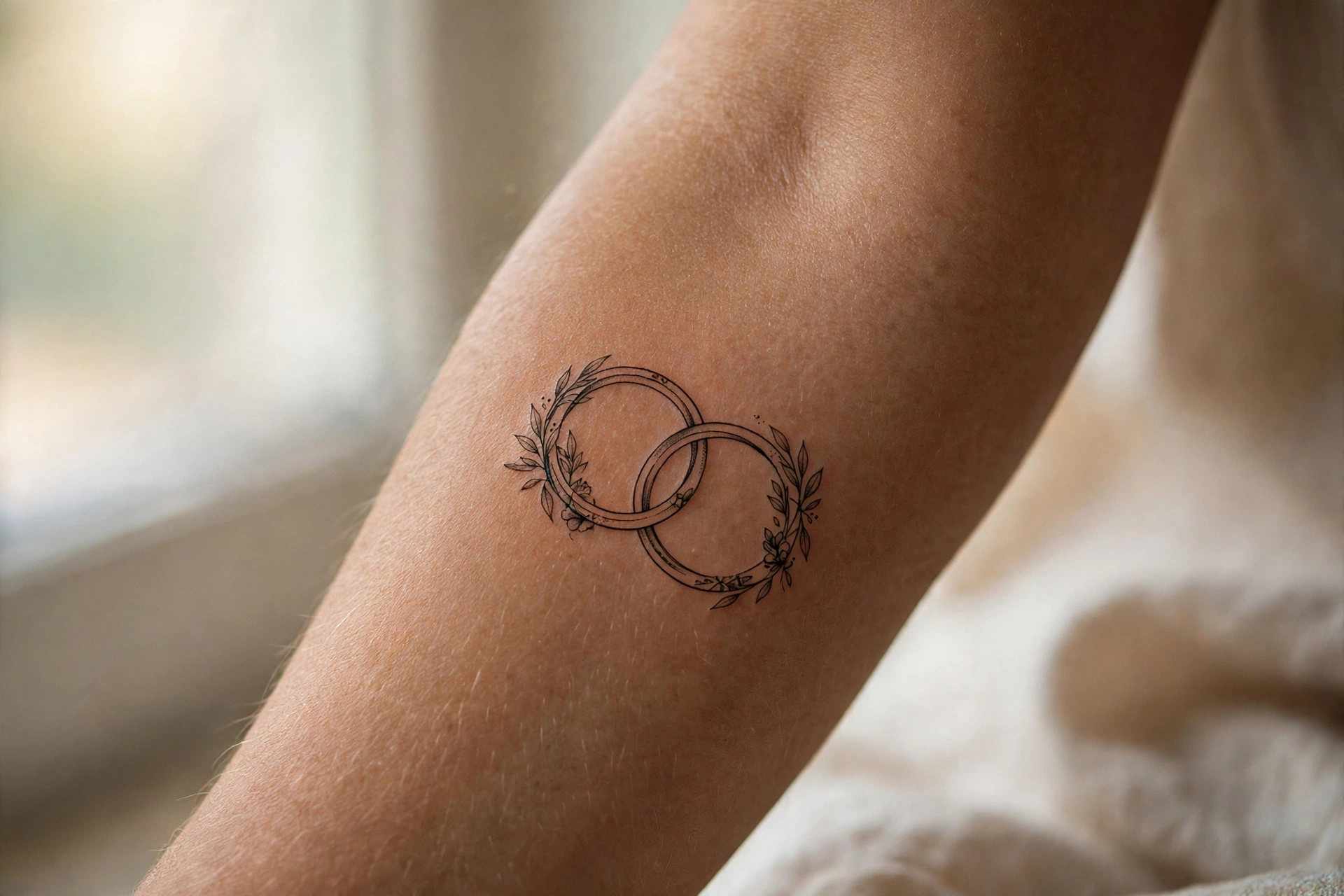 Interlocking rings pair couple tattoo on fingers