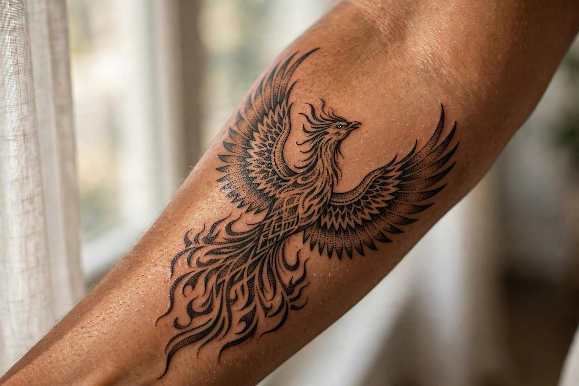 Phoenix rising tattoo with flames on a man's upper arm