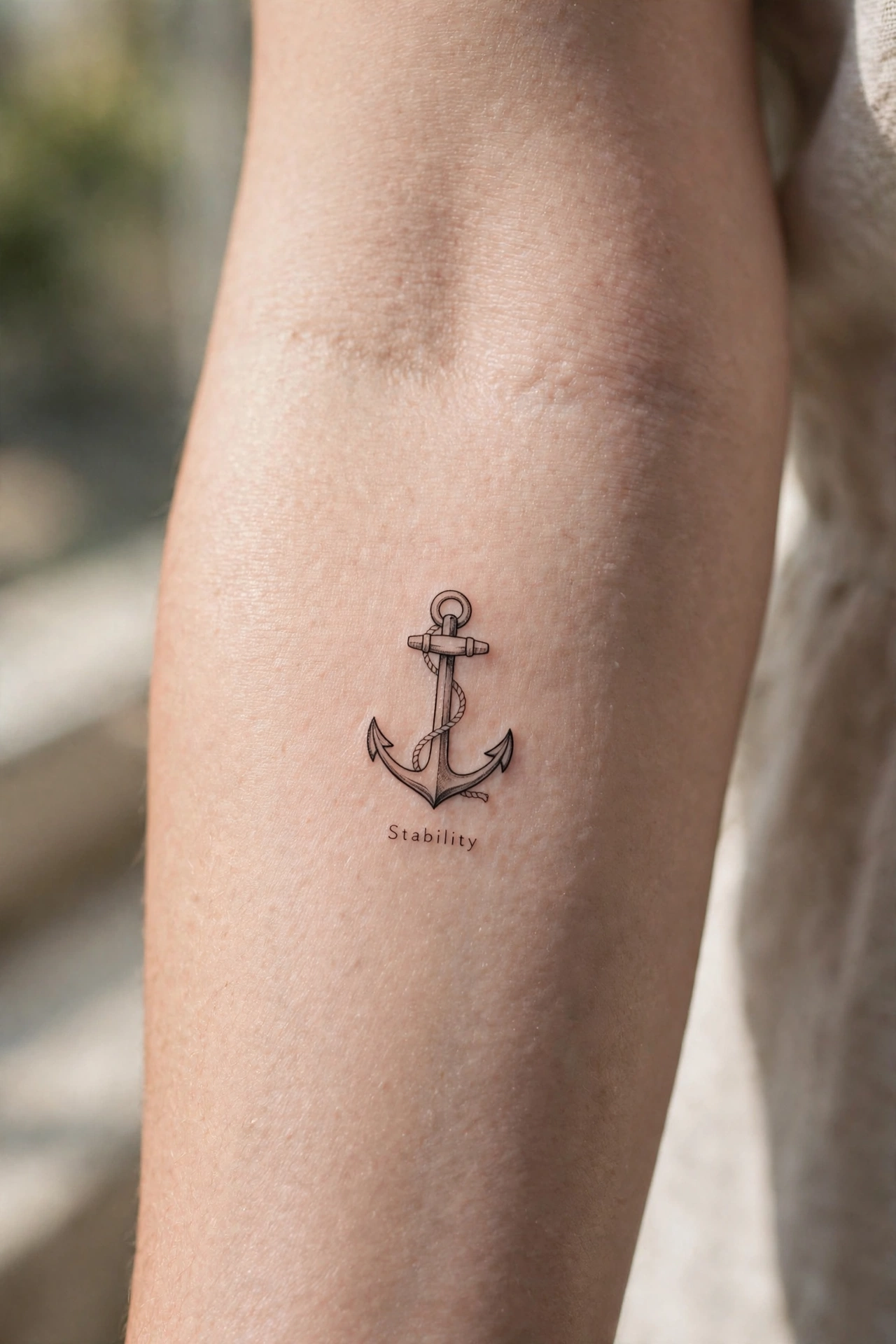Traditional anchor tattoo on a man's forearm