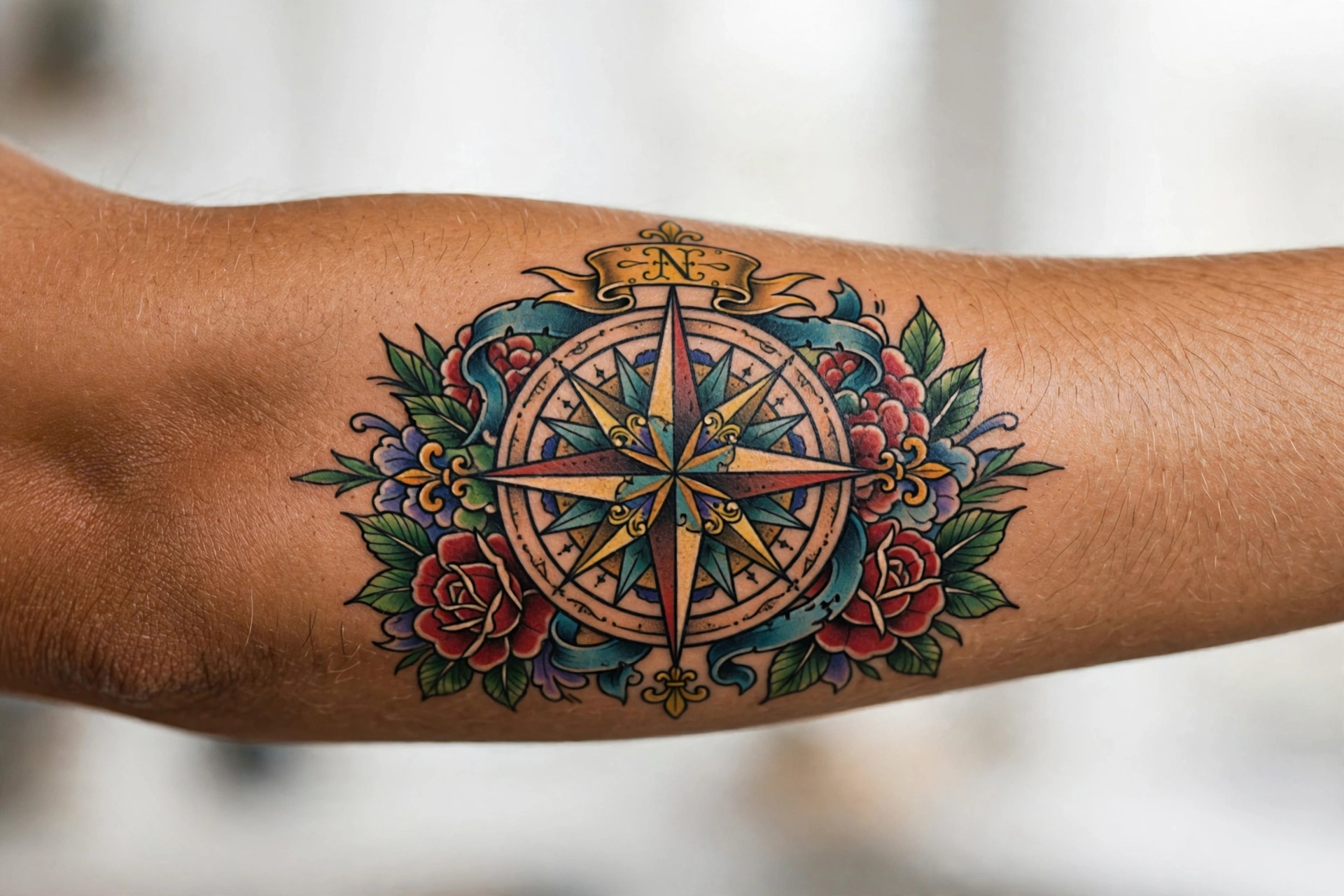Ornate compass rose tattoo on a man's shoulder