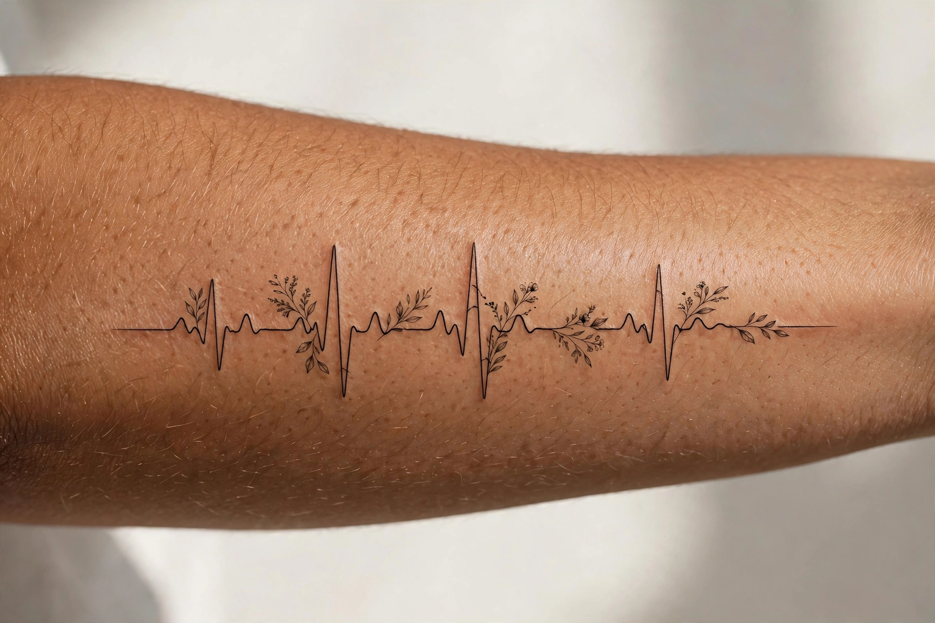 Heartbeat pulse line tattoo across a man's chest