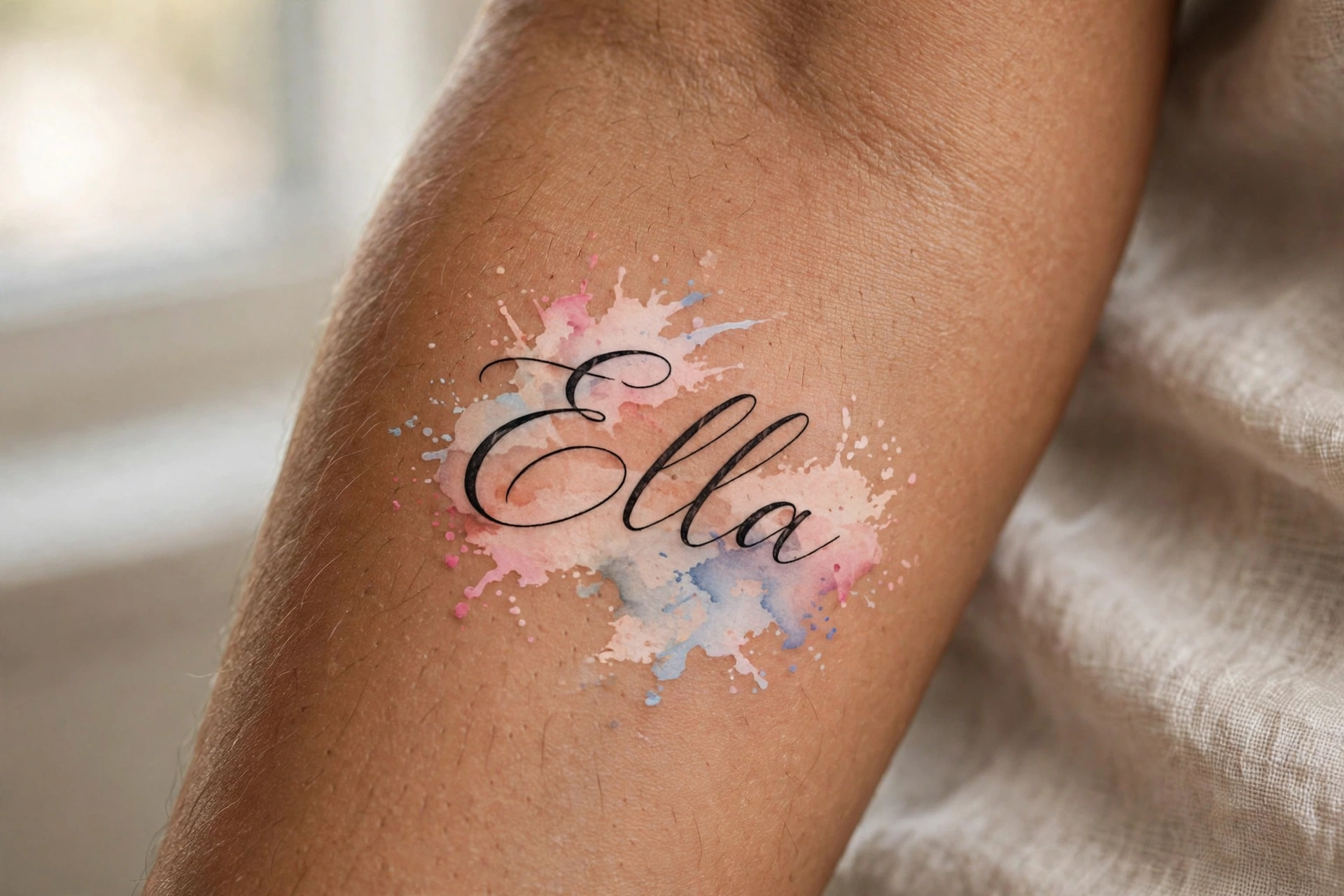 Child's name in elegant script tattoo on a man's chest