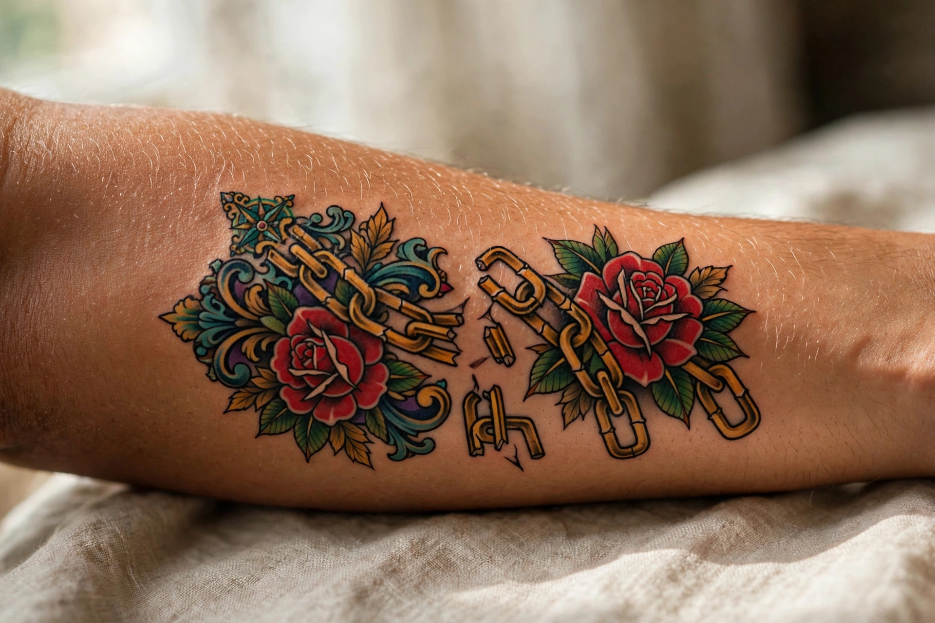 Broken chains tattoo symbolizing freedom on a man's wrist