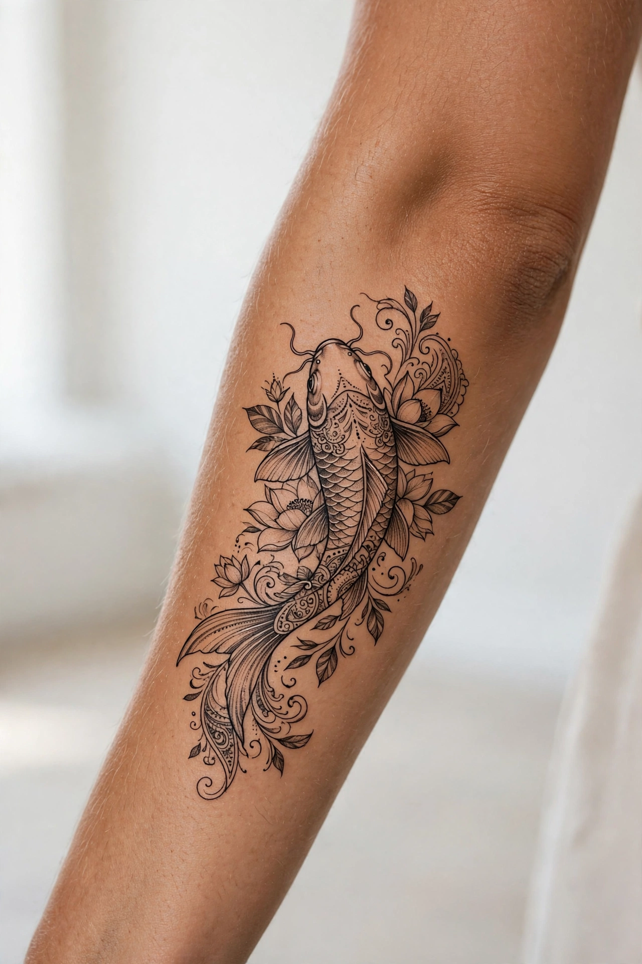 Koi fish swimming upstream tattoo on a man's half sleeve