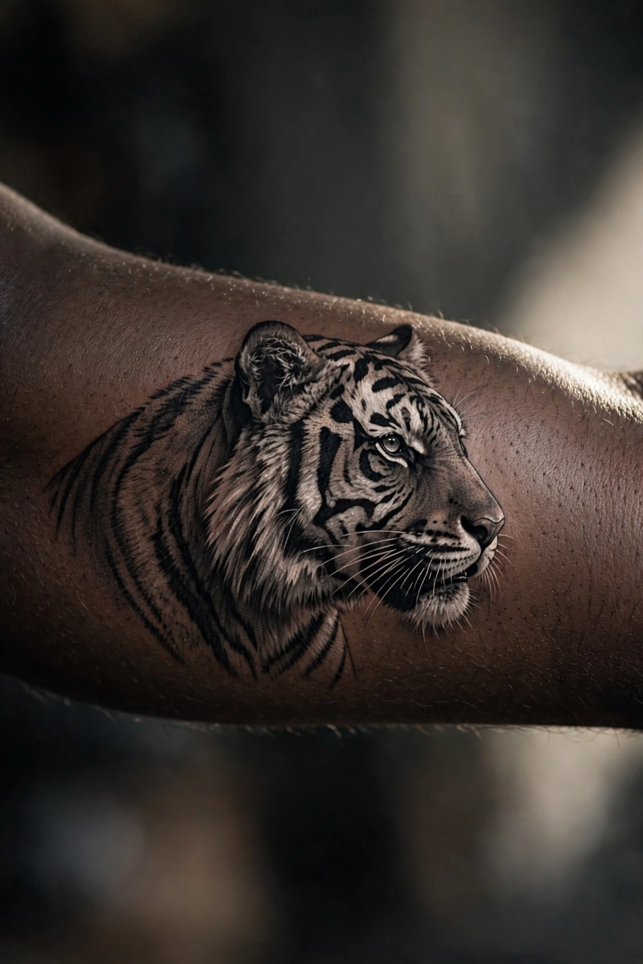 Fierce tiger face tattoo on a man's upper arm