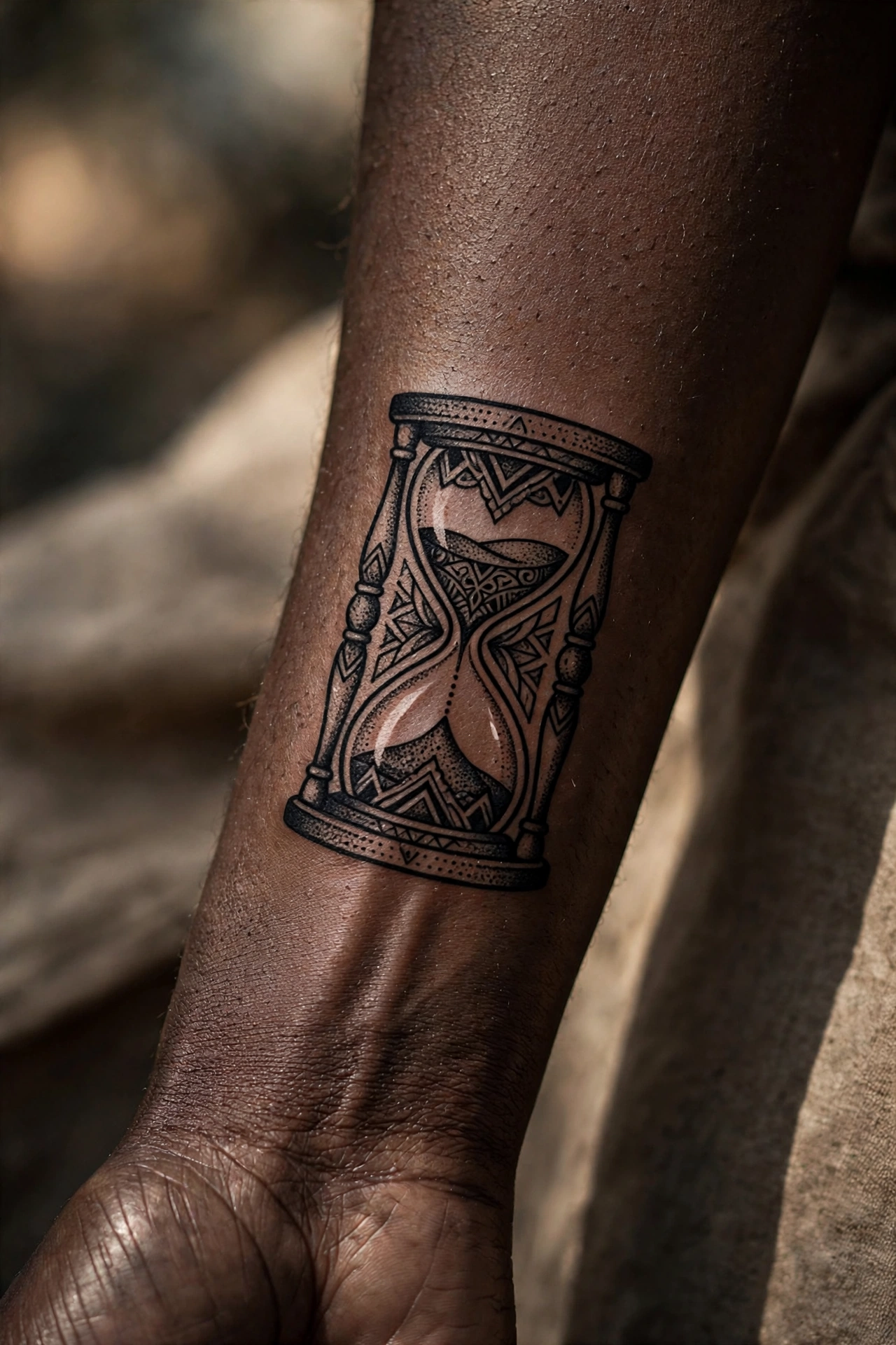 Hourglass tattoo with flowing sand on a man's inner arm