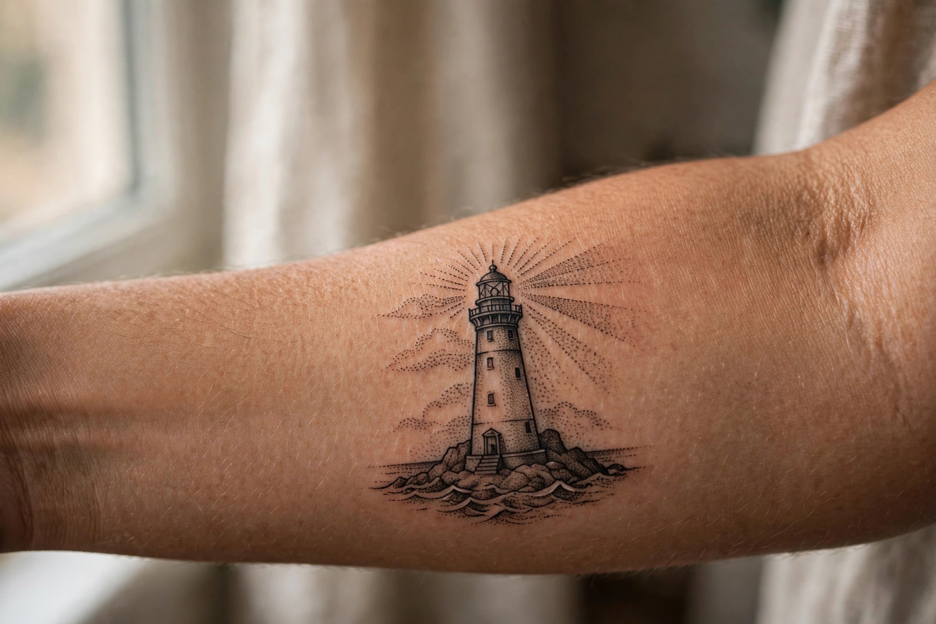 Lighthouse beacon tattoo on a man's calf