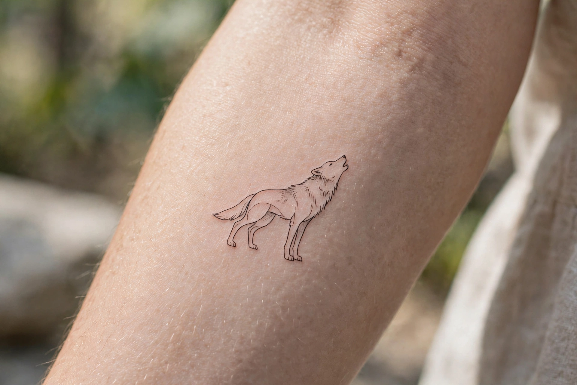 Lone wolf howling tattoo on a man's shoulder blade