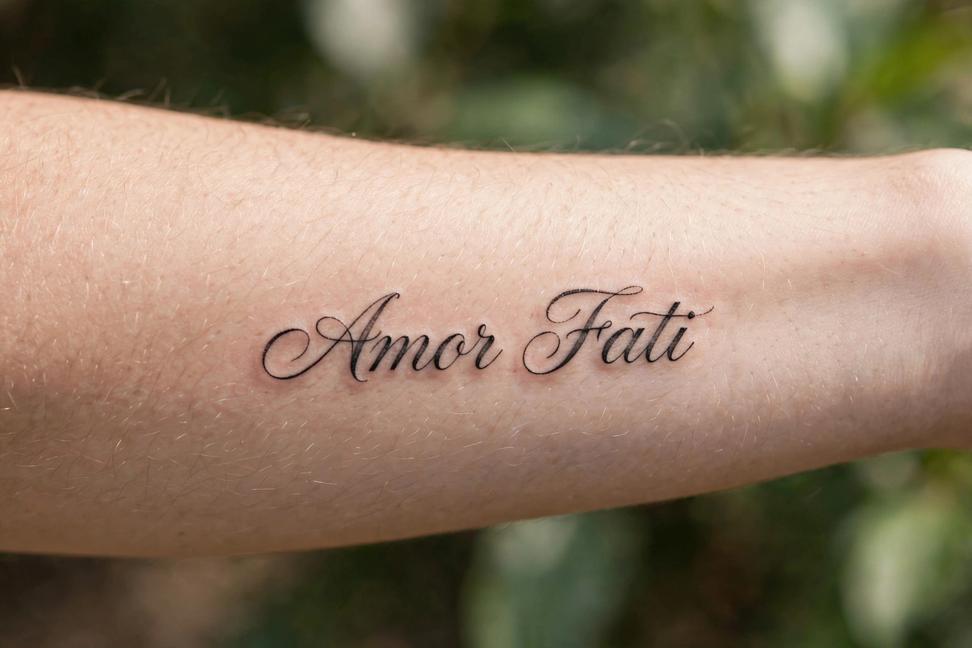 Amor fati script tattoo on a man's collarbone