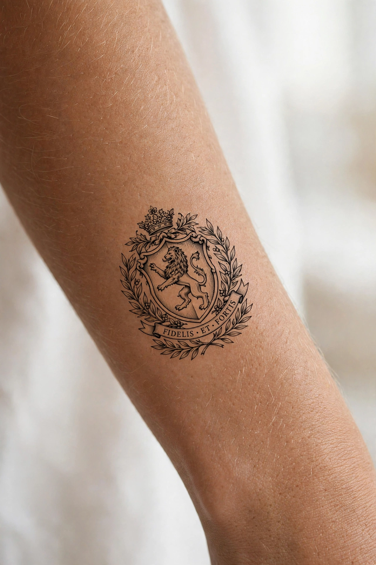 Family crest tattoo with shield on a man's upper arm