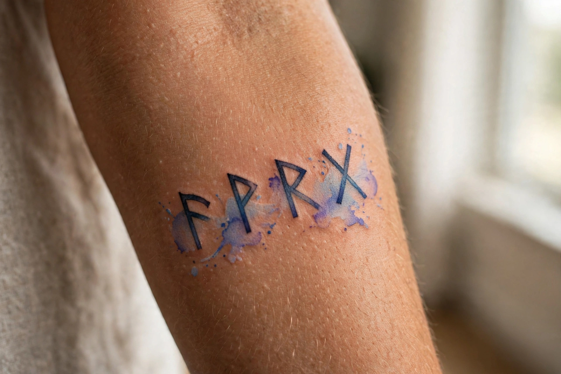 Viking runes tattoo band around a man's forearm