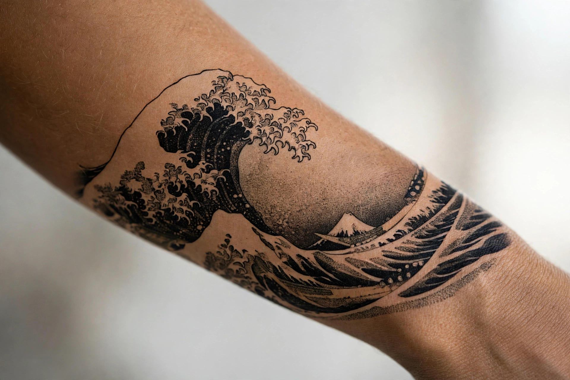 Great wave tattoo inspired by Hokusai on a man's shoulder