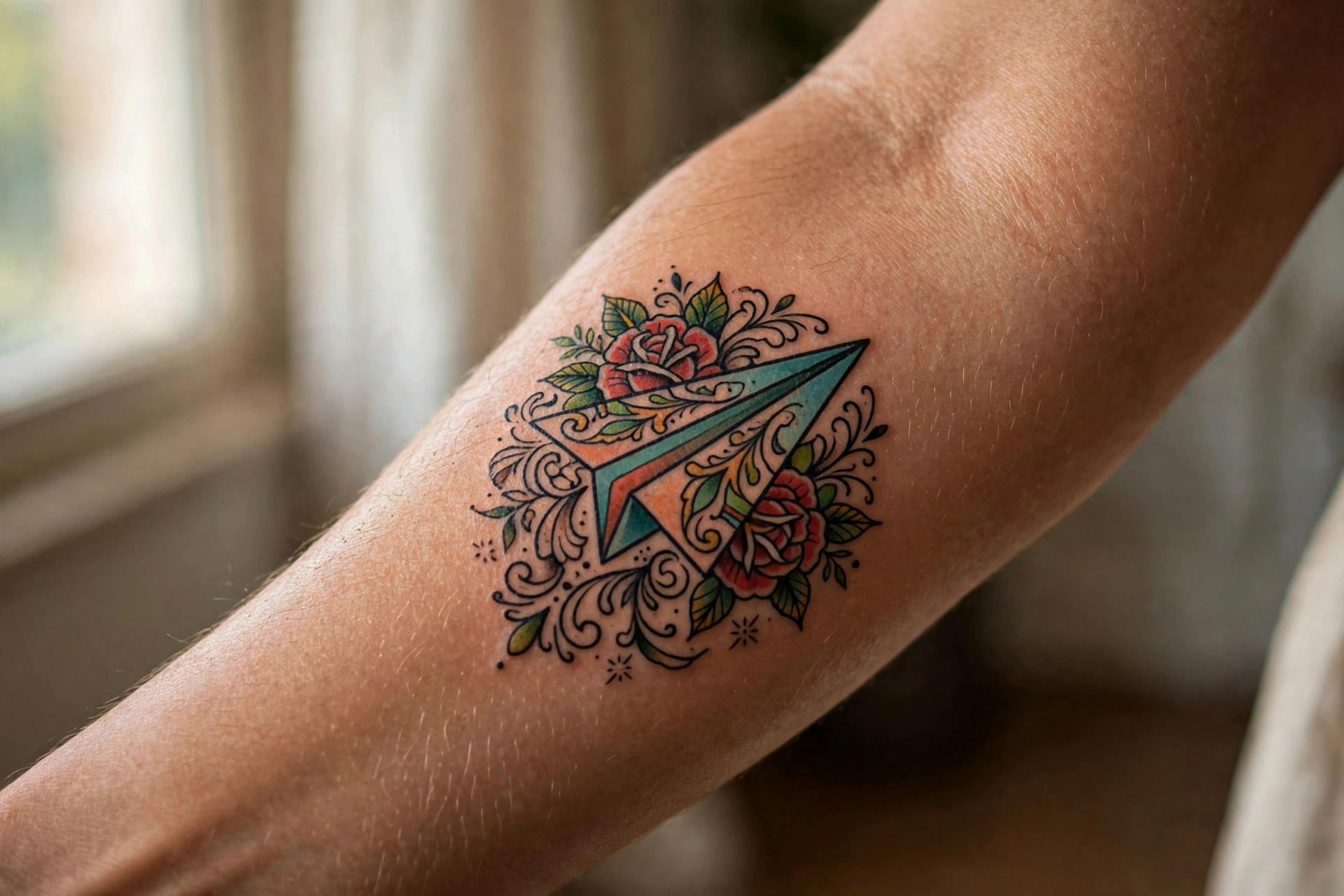 Paper plane tattoo taking flight on a man's wrist
