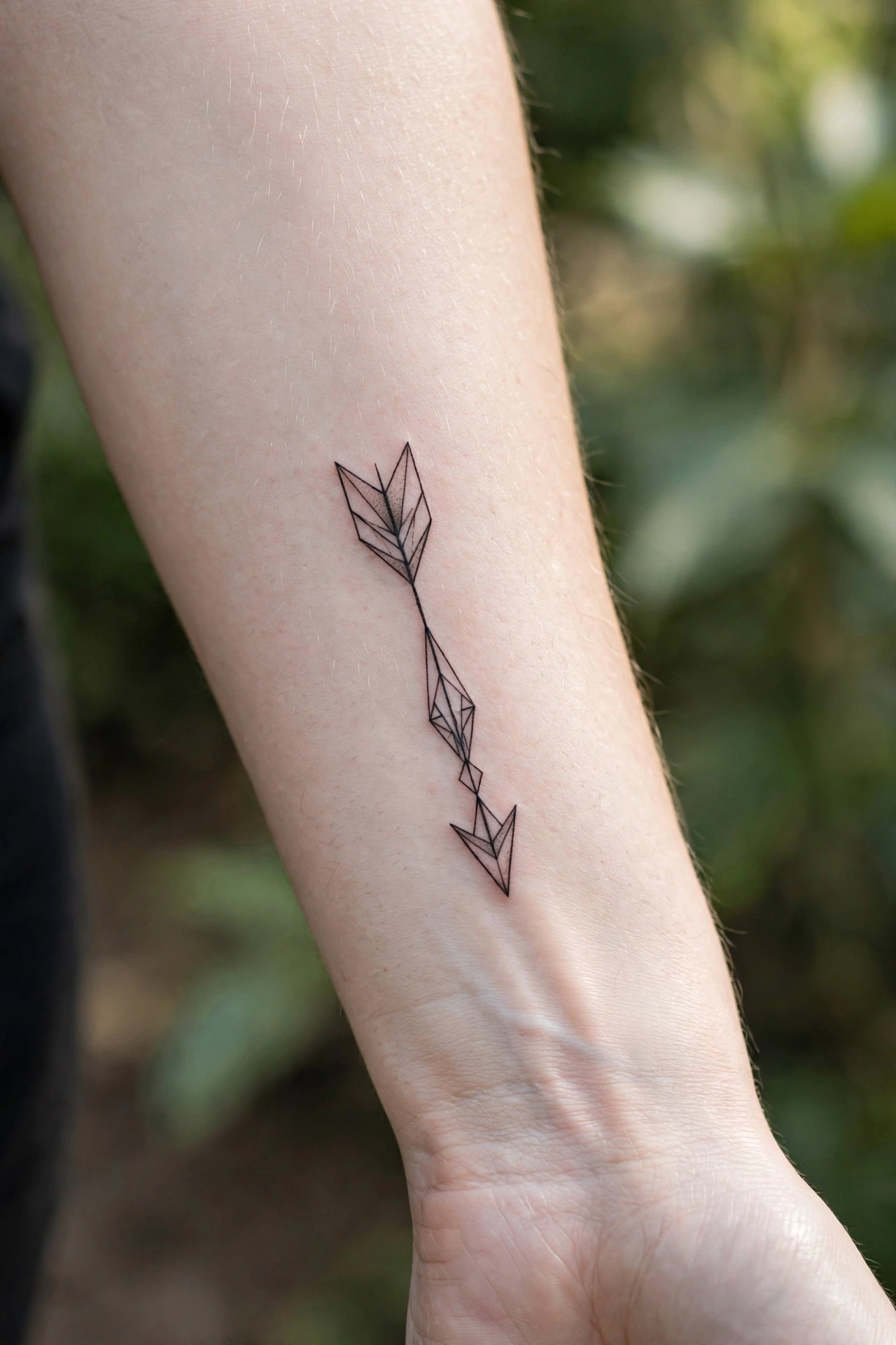 Single arrow tattoo pointing forward on a man's forearm