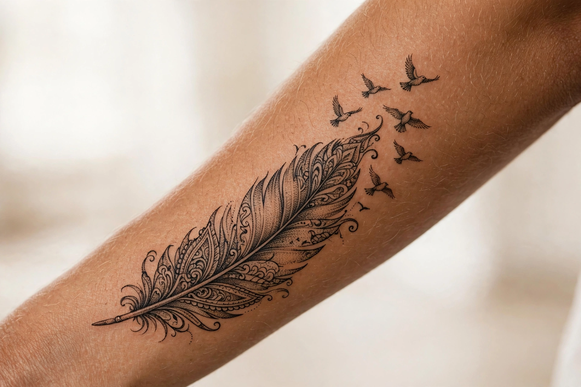 Feather dissolving into birds tattoo on a man's shoulder