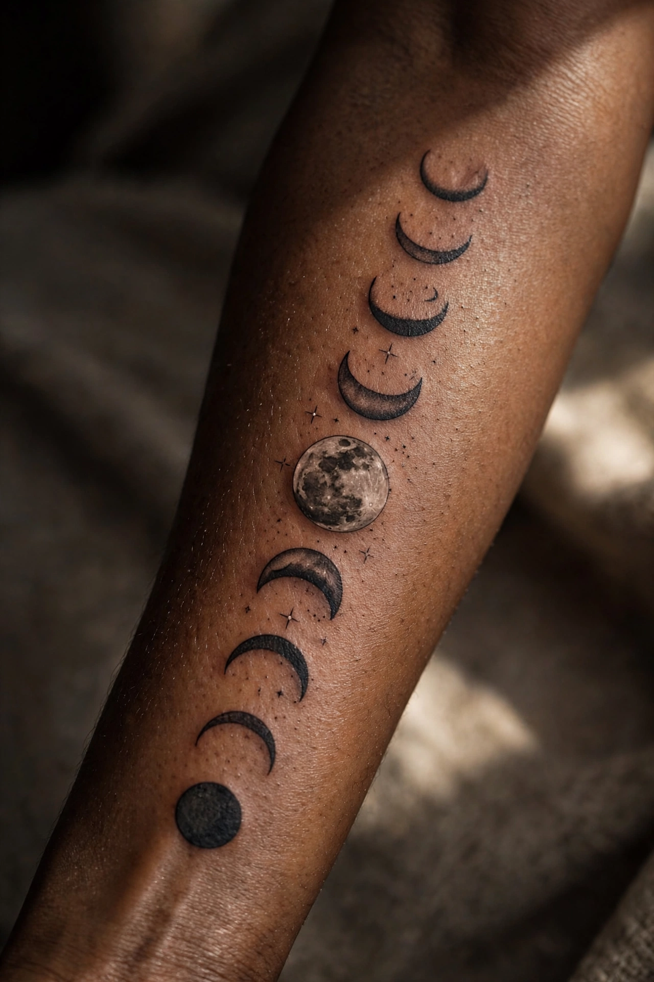 Moon phases tattoo arc across a man's collarbone