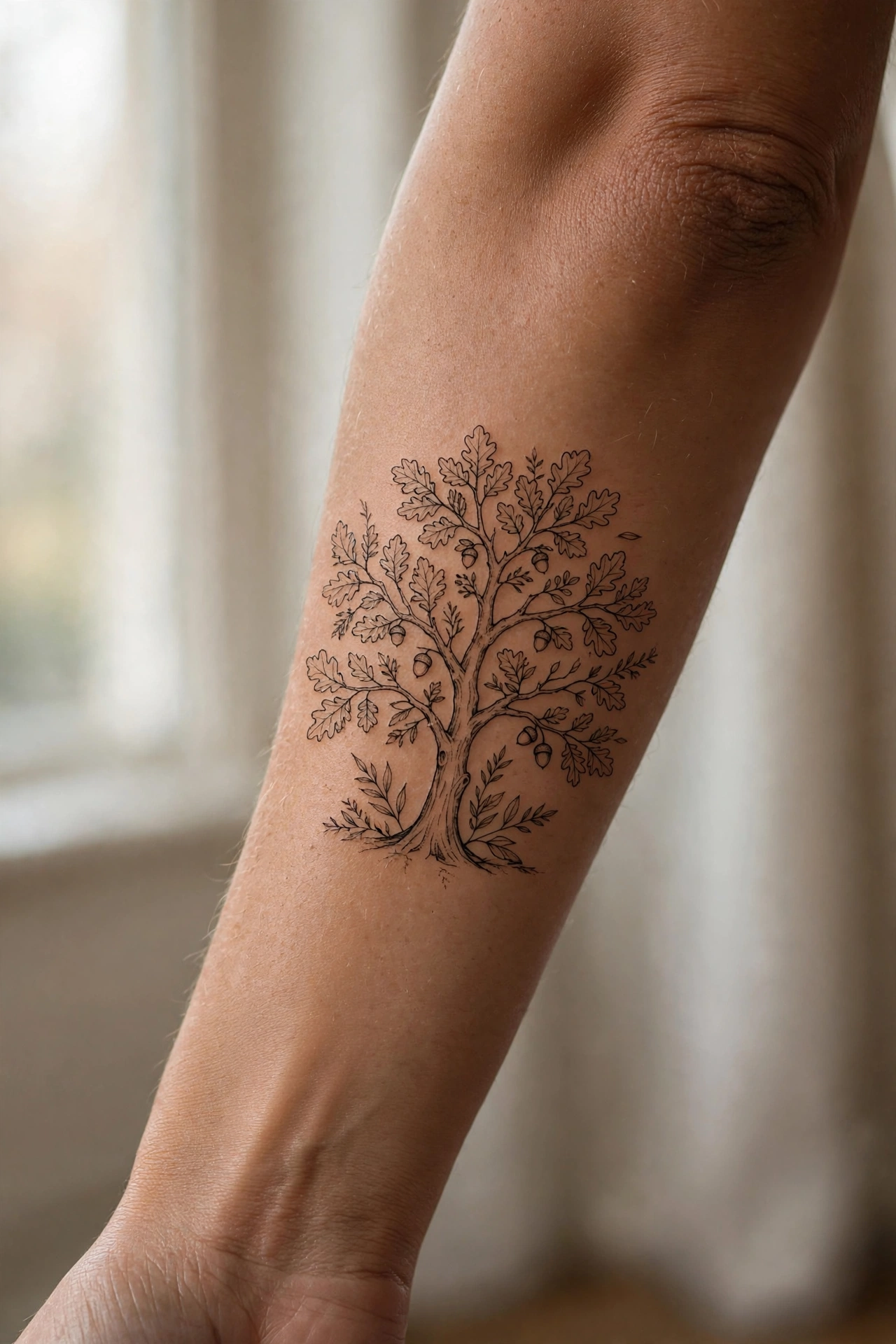 Mighty oak tree tattoo on a man's thigh