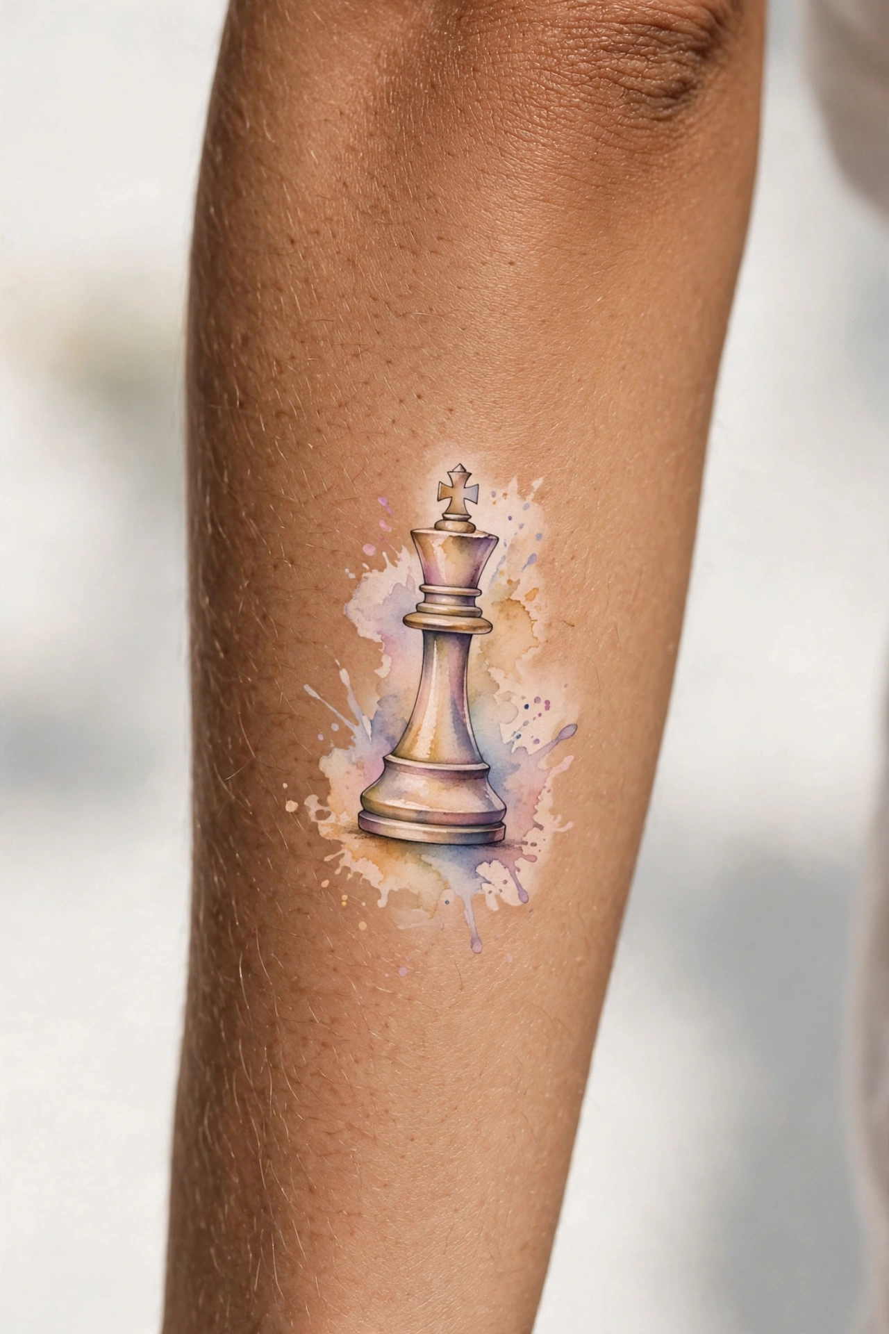 King chess piece tattoo on a man's forearm