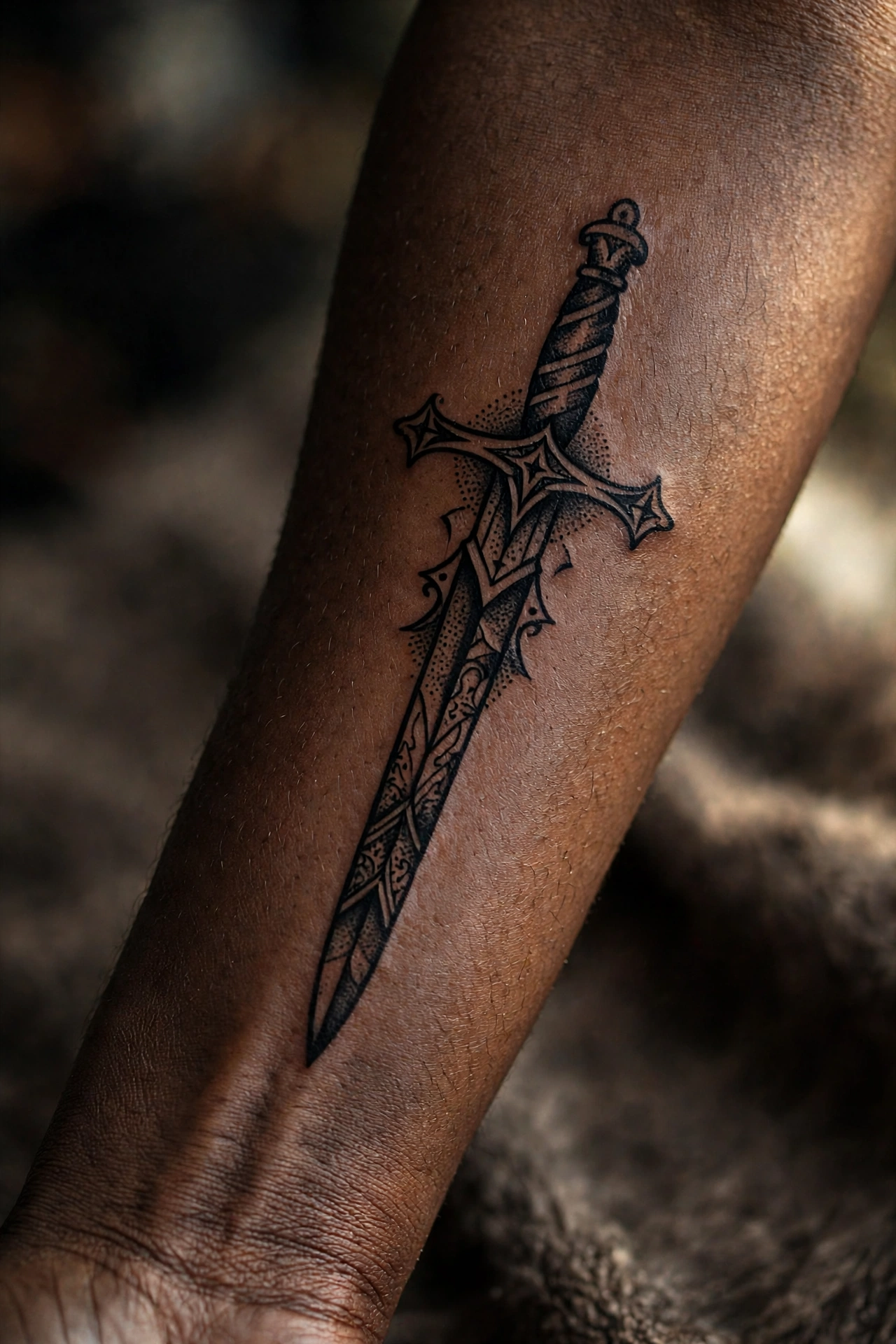 Sword tattoo with ornate hilt on a man's spine