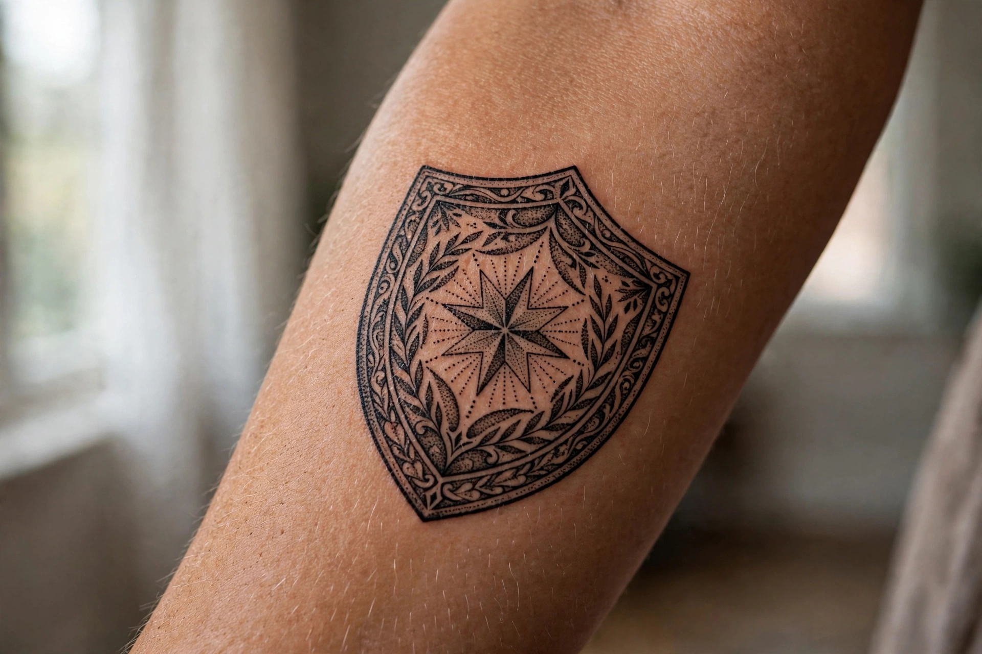 Warrior shield tattoo on a man's shoulder