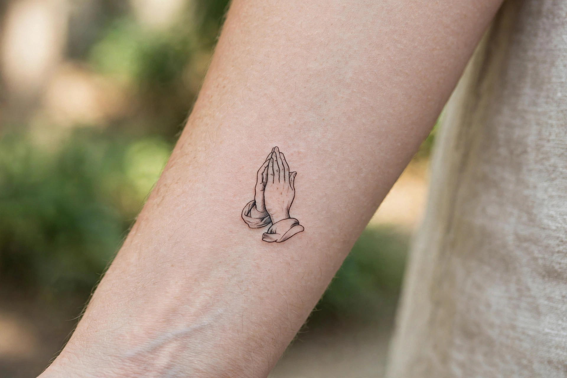 Praying hands tattoo with rosary on a man's forearm