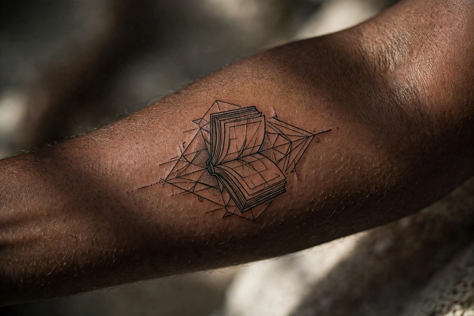 Open book tattoo with meaningful quote on a man's forearm